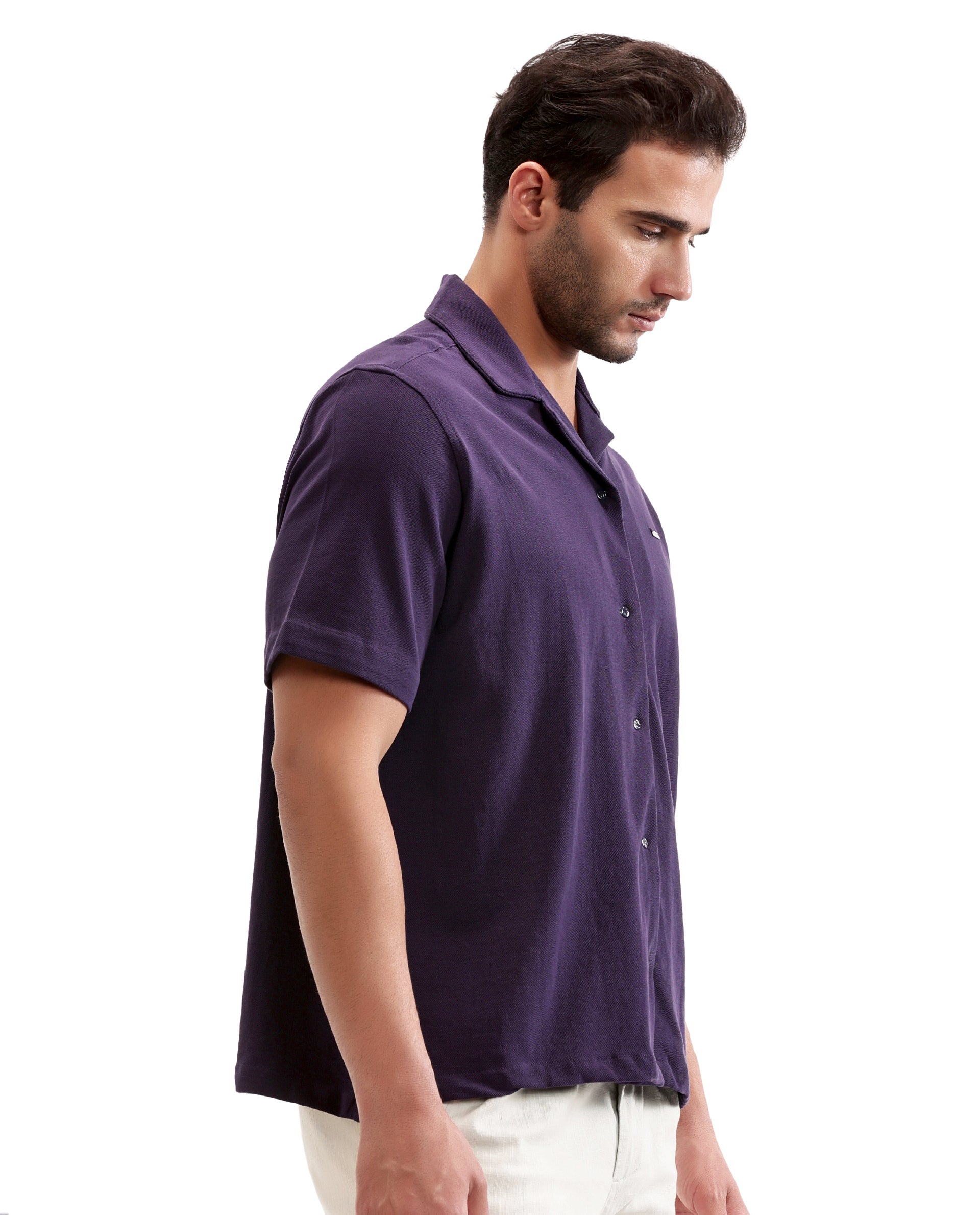 Deep Purple Pique Knit Shirt with 7C Engraved Snap Buttons, Gun Metal Badge