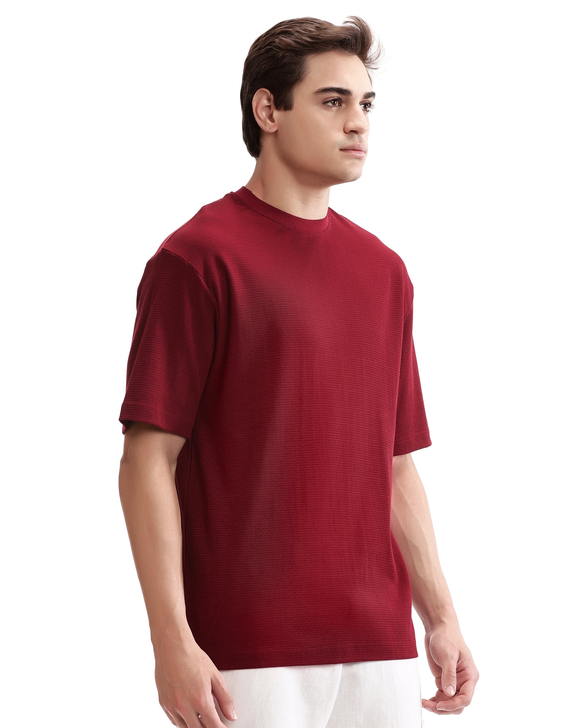 Bordeaux Maroon Knitted Waffle Crew Neck Oversized T-Shirt