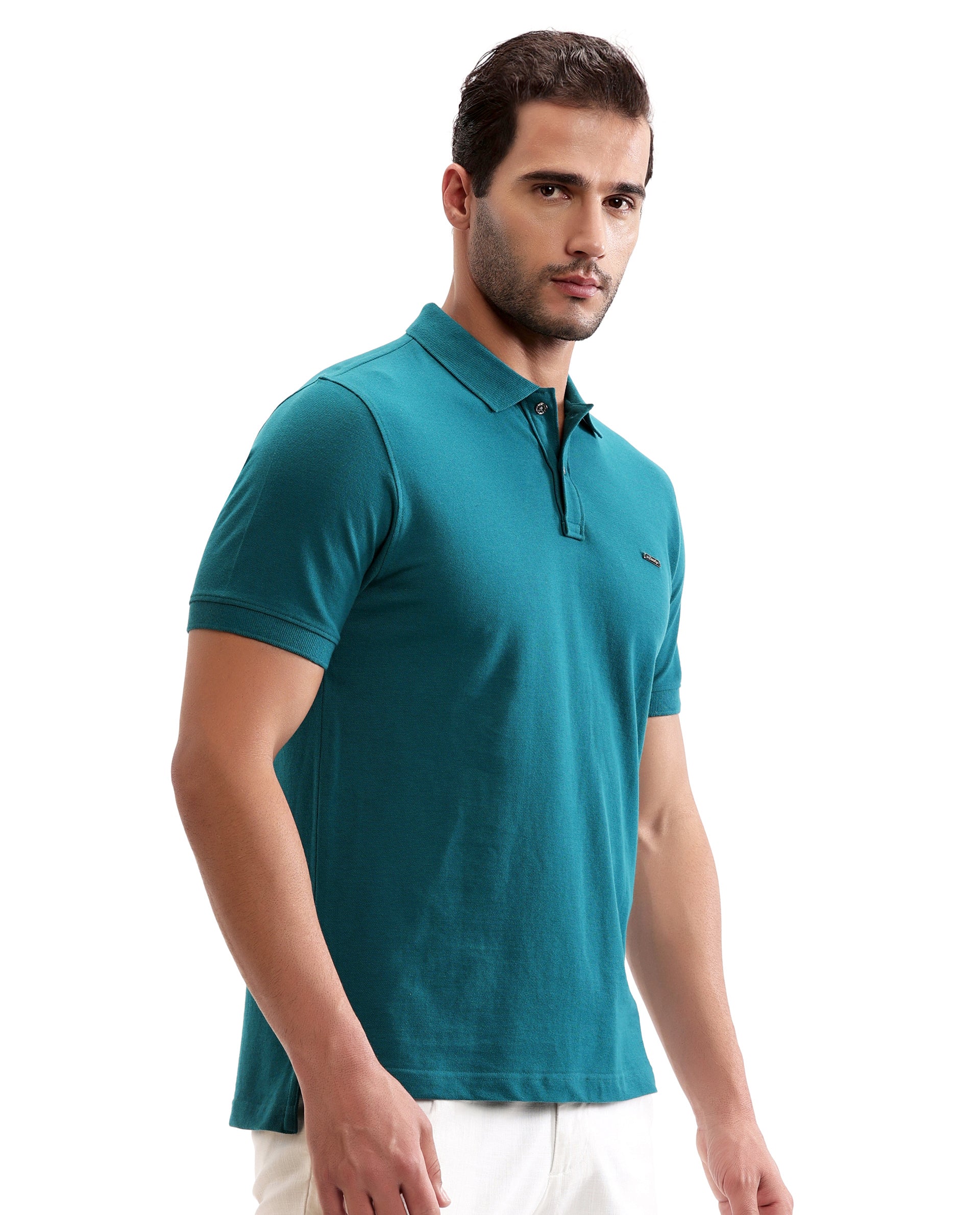 Ocean Teal Pique Polo with Metal Buttons, 7C Metal Badge