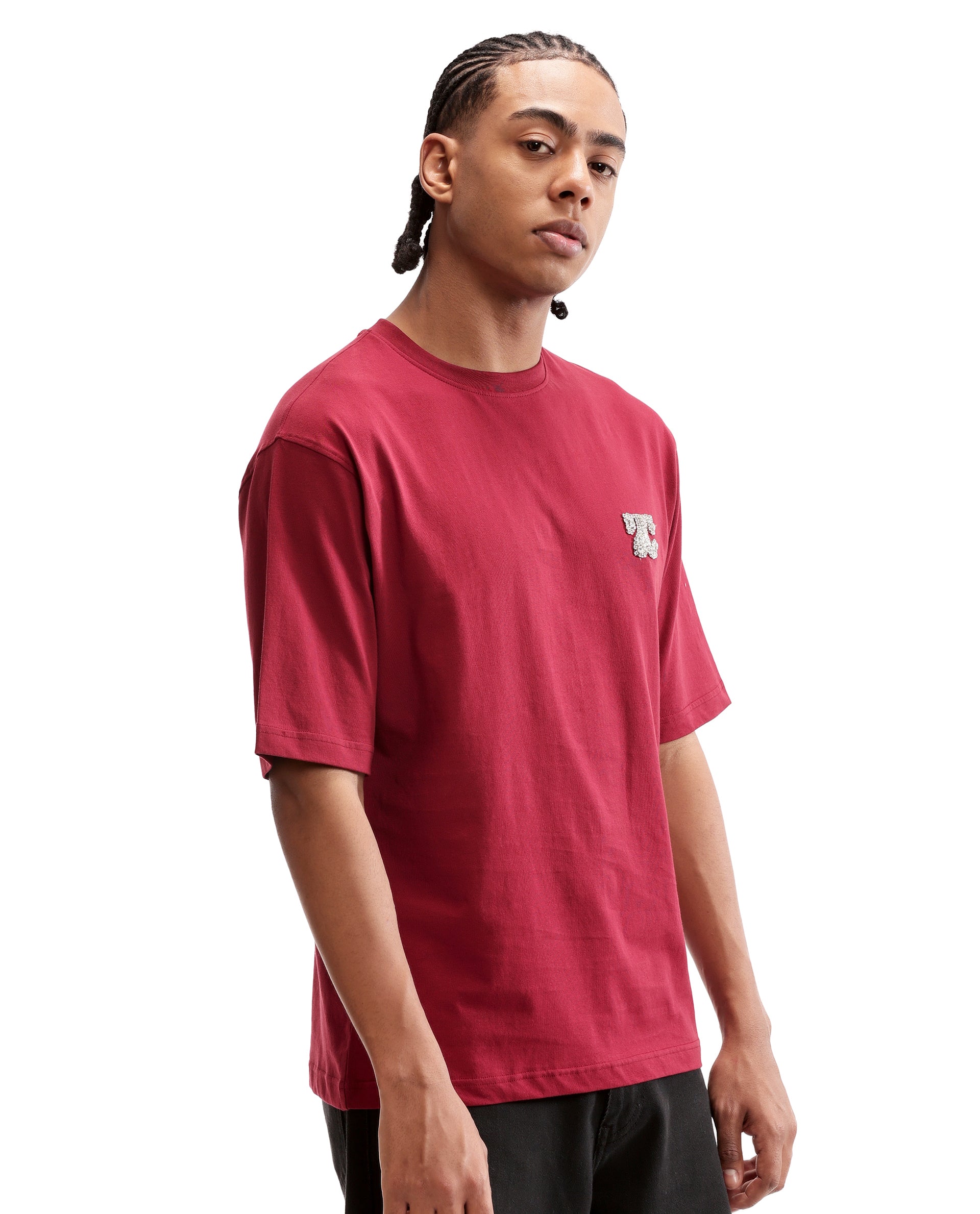 Bordeaux Maroon Single Jersey Crew Neck Oversized T-Shirt with Crystal Finish Rhinestones