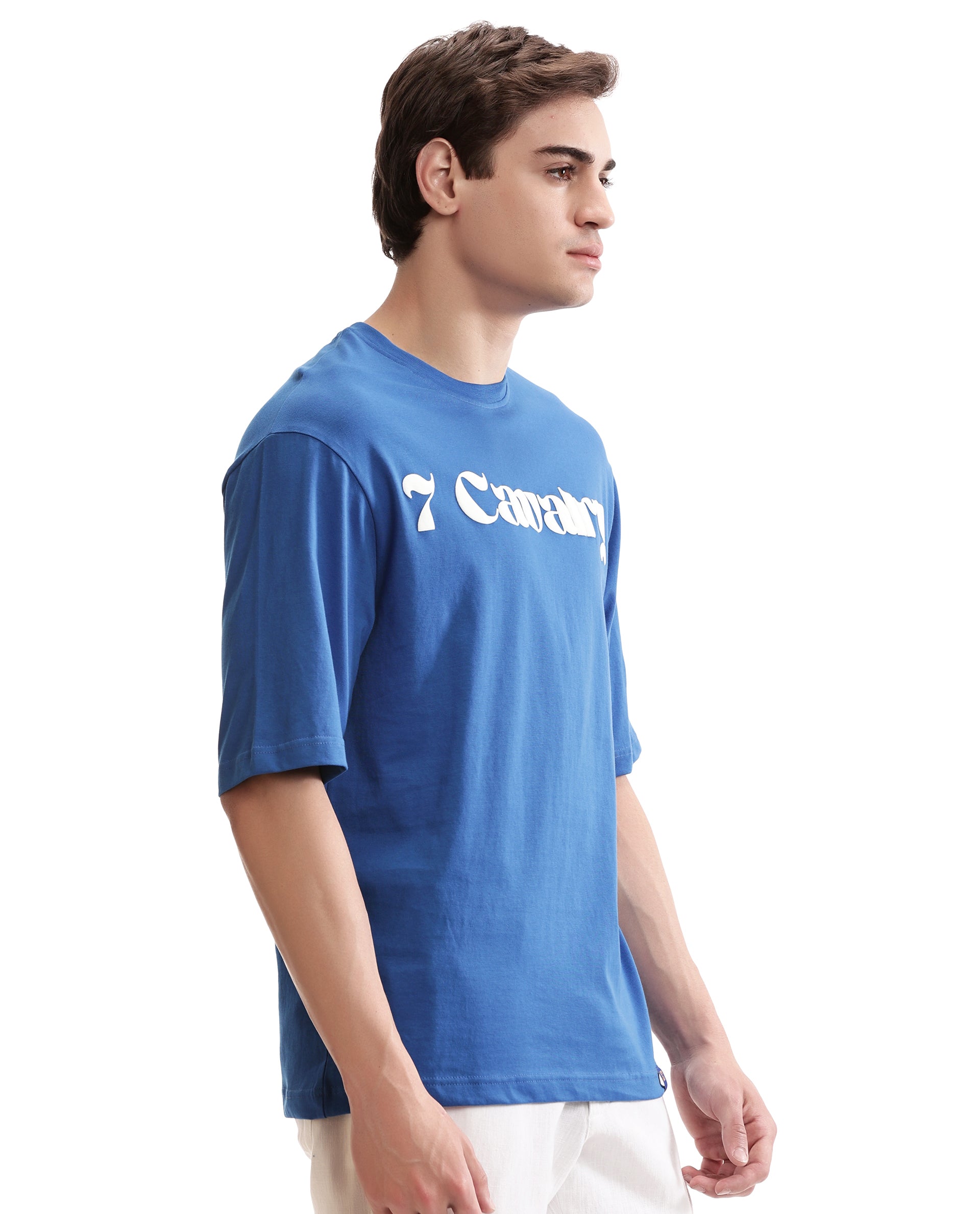 Imperial Prussian Blue Single Jersey Crew Neck Oversized T-Shirt with Pure White Puff Print