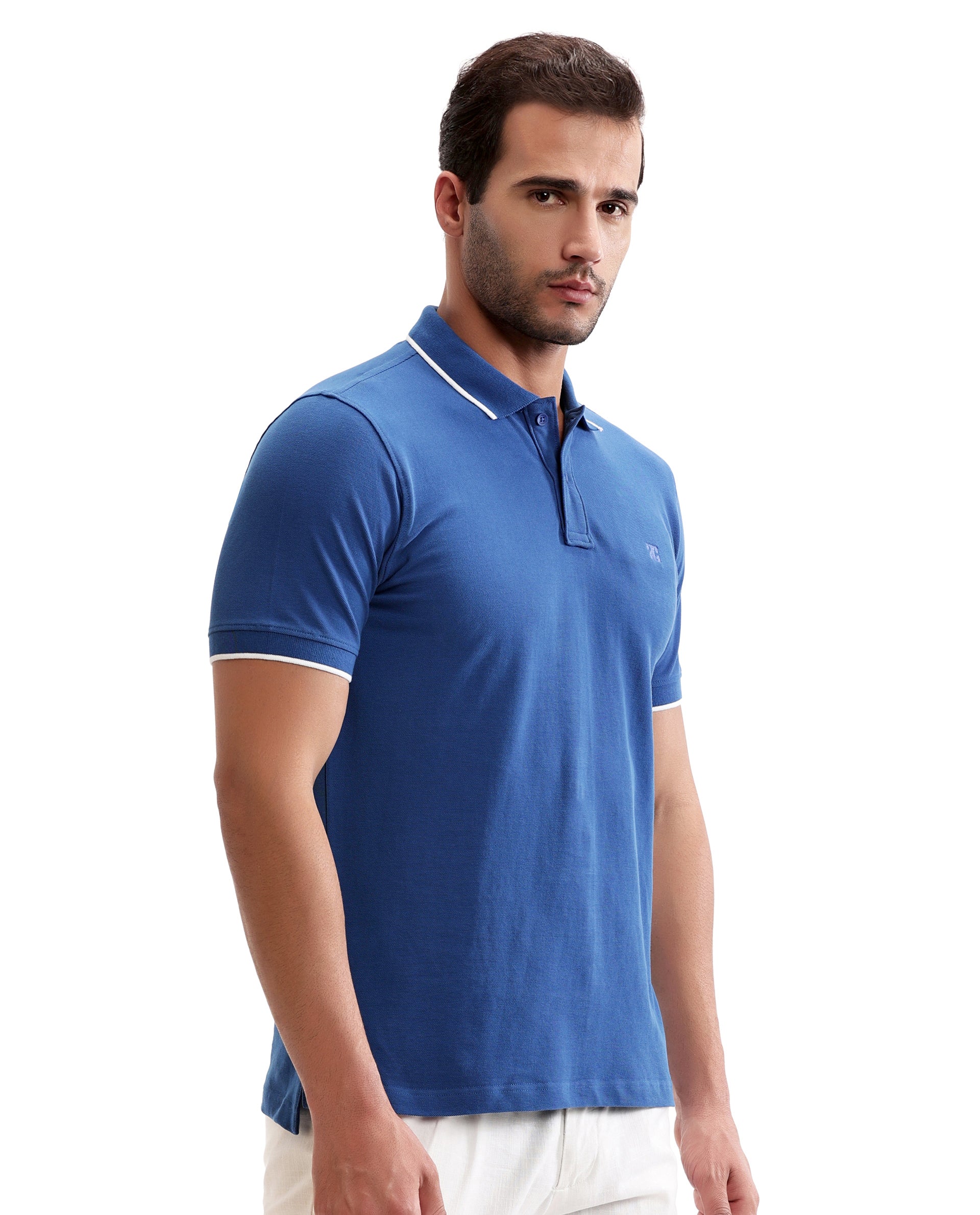 Imperial Prussian Blue Pique Polo with White Collar Piping, Tone-on-Tone 7C Embroidery
