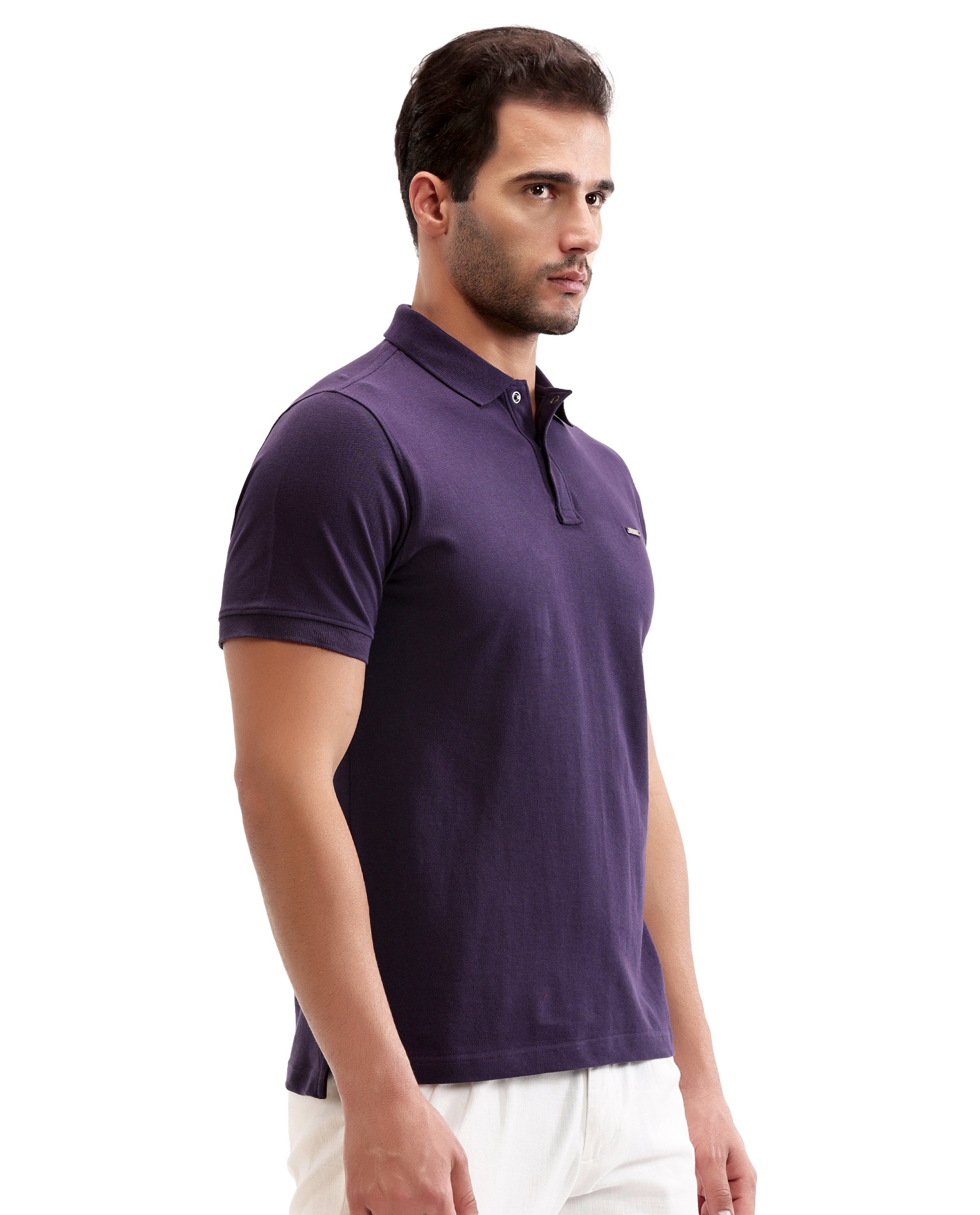 Deep Purple Pique Polo with 7C Snap Buttons, Metal Badge
