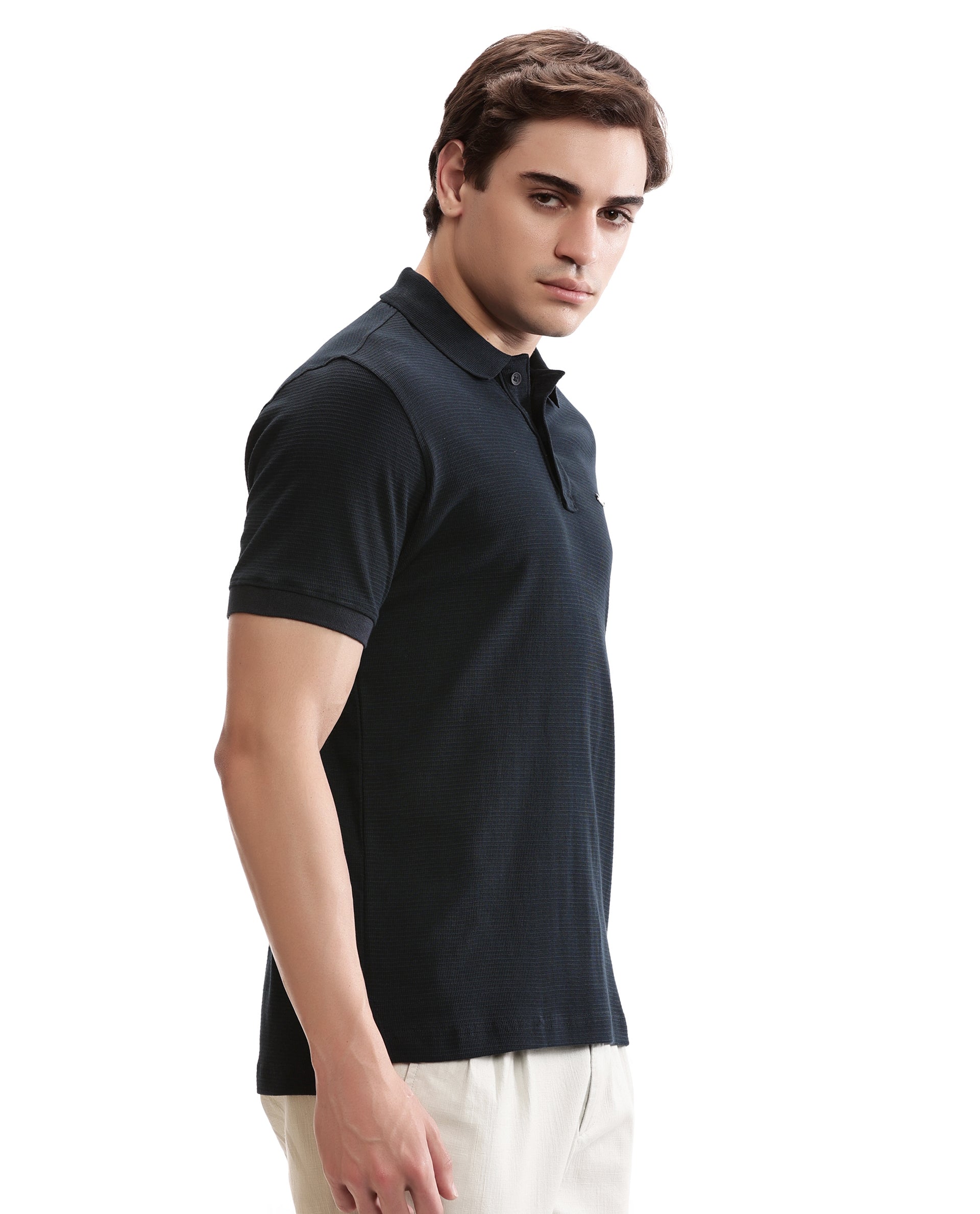 Midnight Navy Blue Knitted Waffle Polo with 7C Engraved Metal Badge