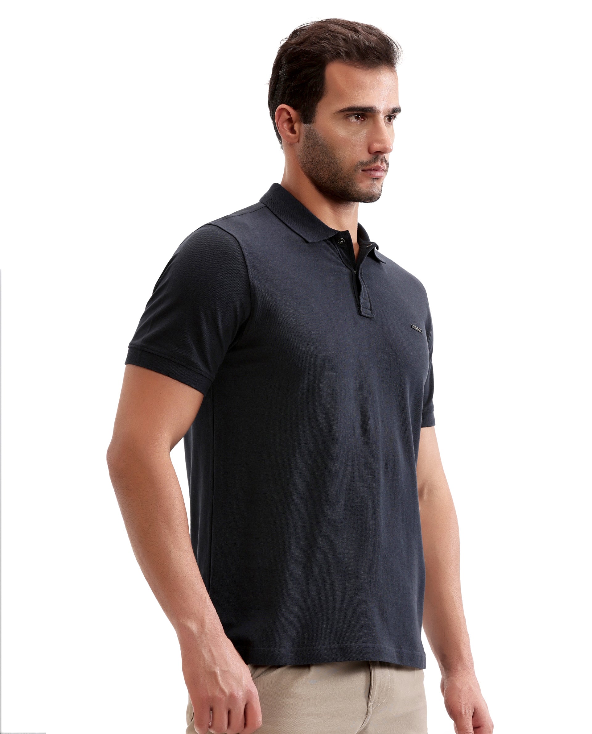 Midnight Navy Blue Pique Polo with 7C Snap Buttons, Metal Badge