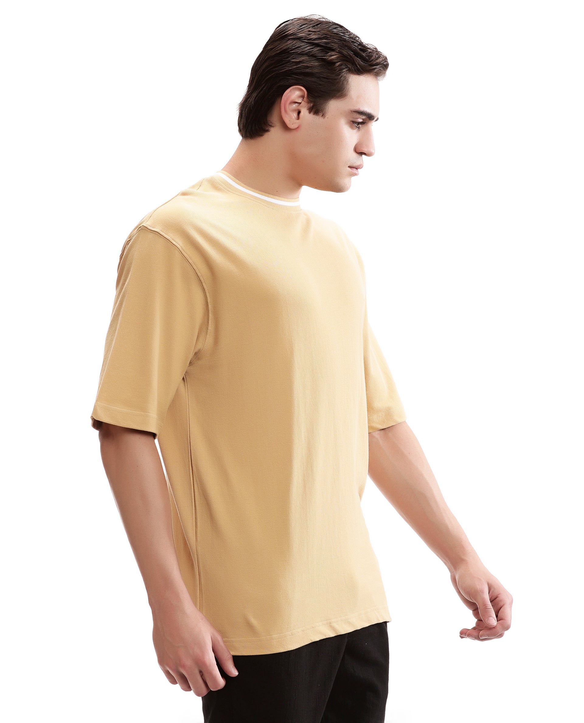Camel Beige Pique Crew Neck Oversized T-Shirt with Pure White Piping