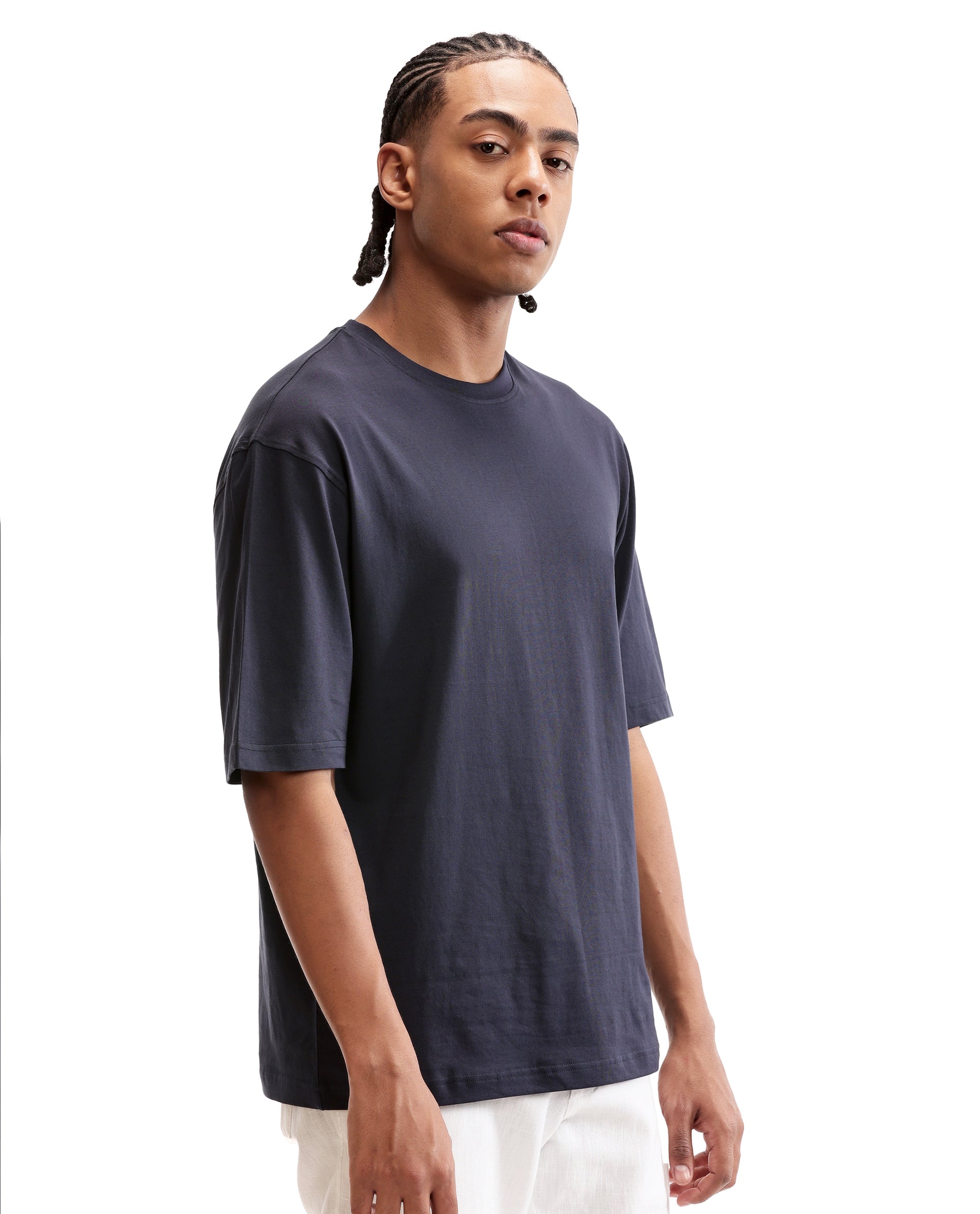 Midnight Navy Blue Single Jersey Crew Neck Oversized T-Shirt