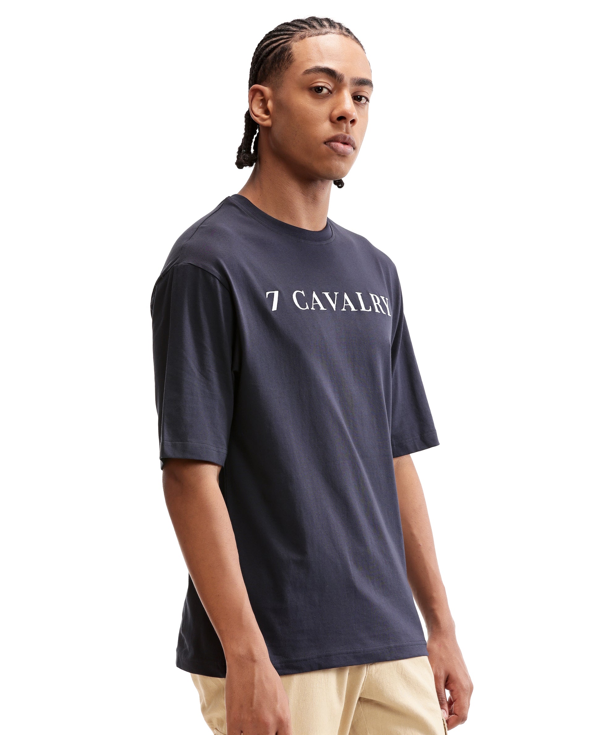 Midnight Navy Blue Single Jersey Crew Neck Oversized T-Shirt with Pure White Embroidery