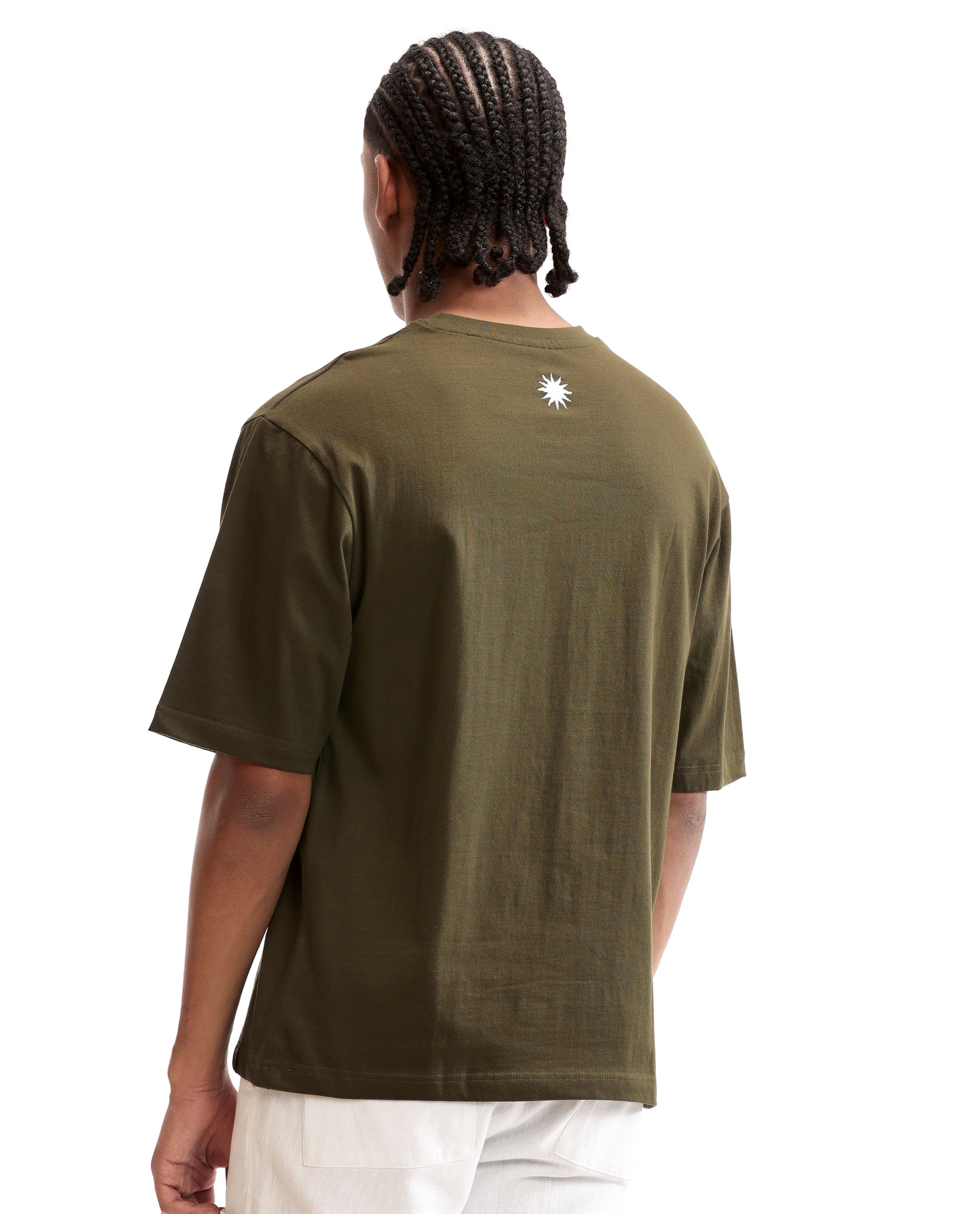 Vintage Olive Single Jersey Crew Neck Oversized T-Shirt with Pure White Embroidery