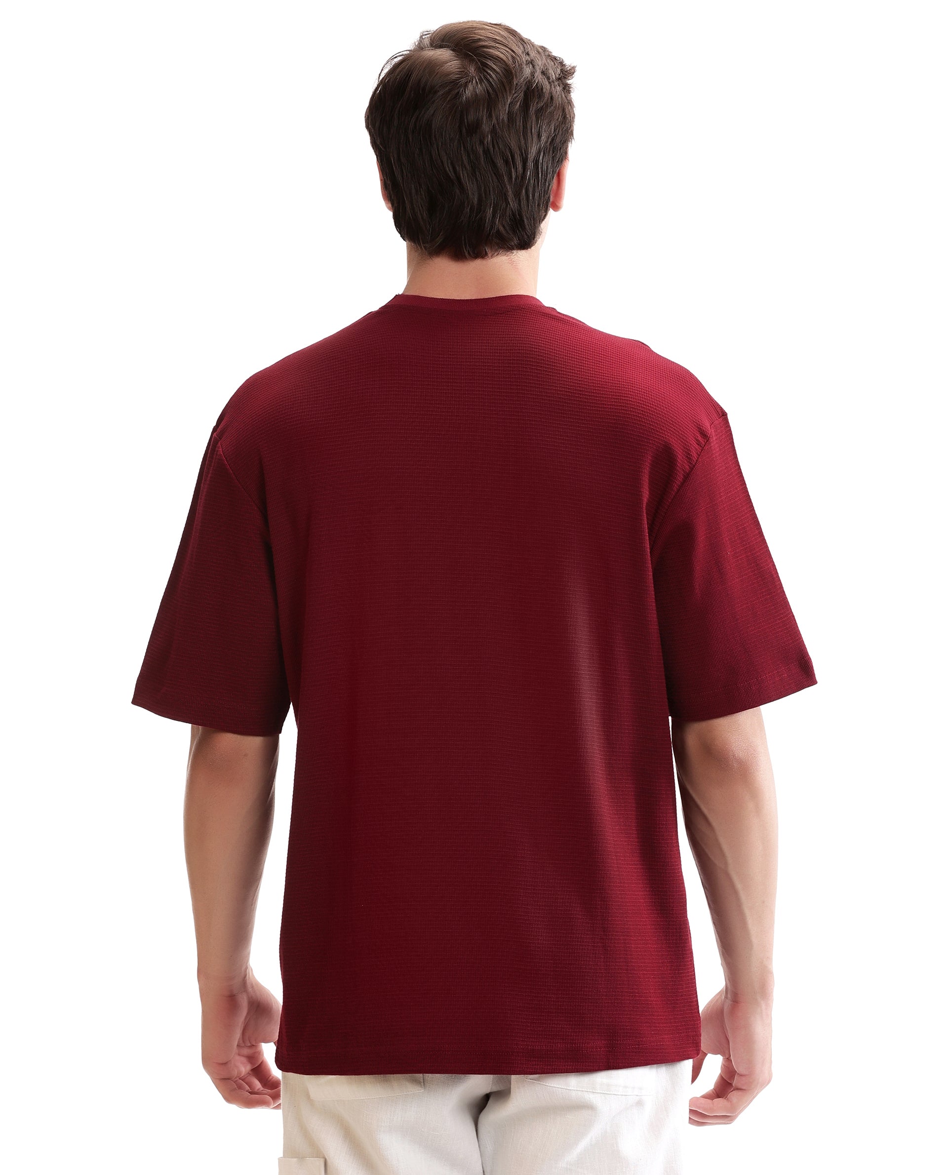 Bordeaux Maroon Knitted Waffle Crew Neck Oversized T-Shirt