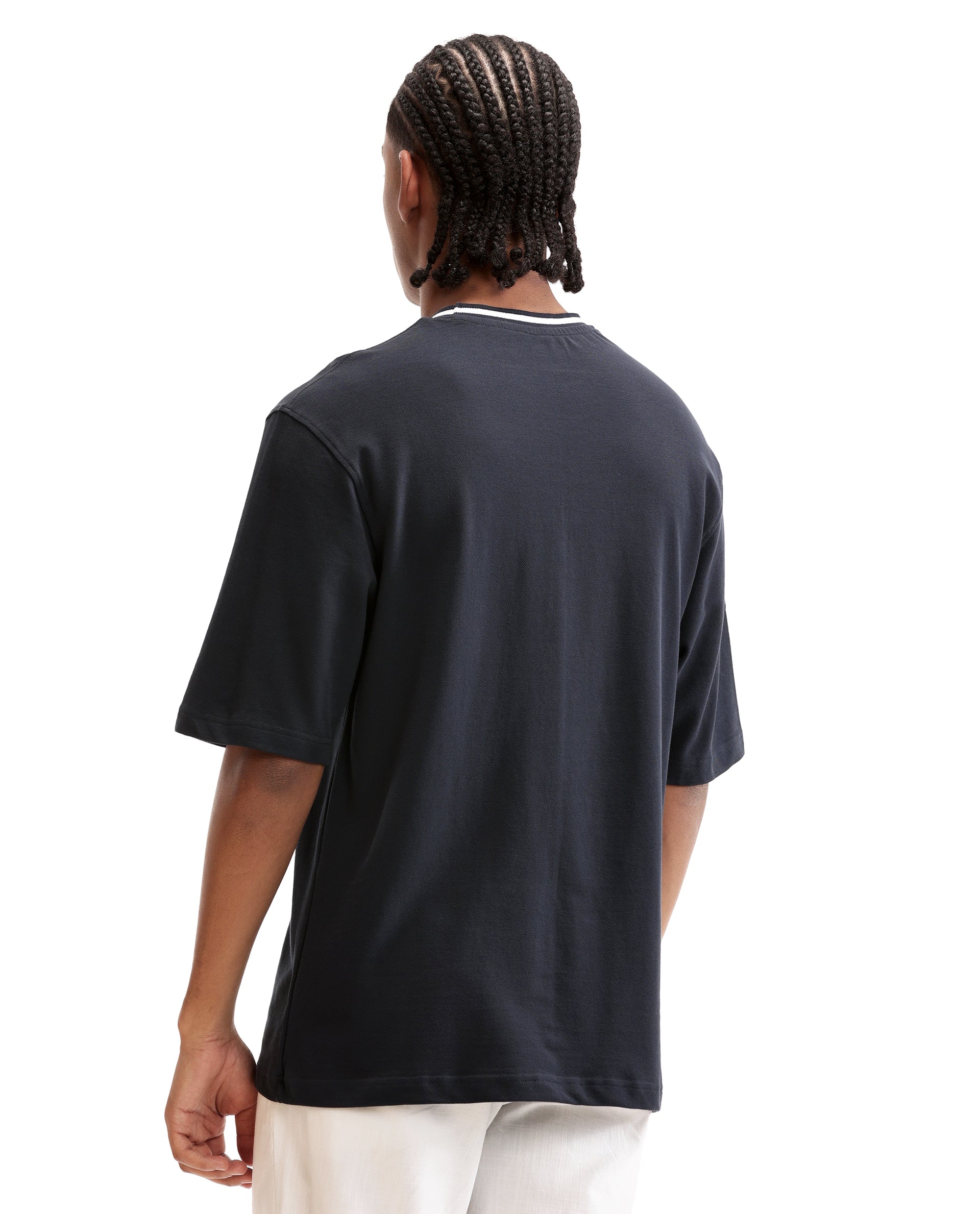 Midnight Navy Blue Pique Crew Neck Oversized T-Shirt with Pure White Piping