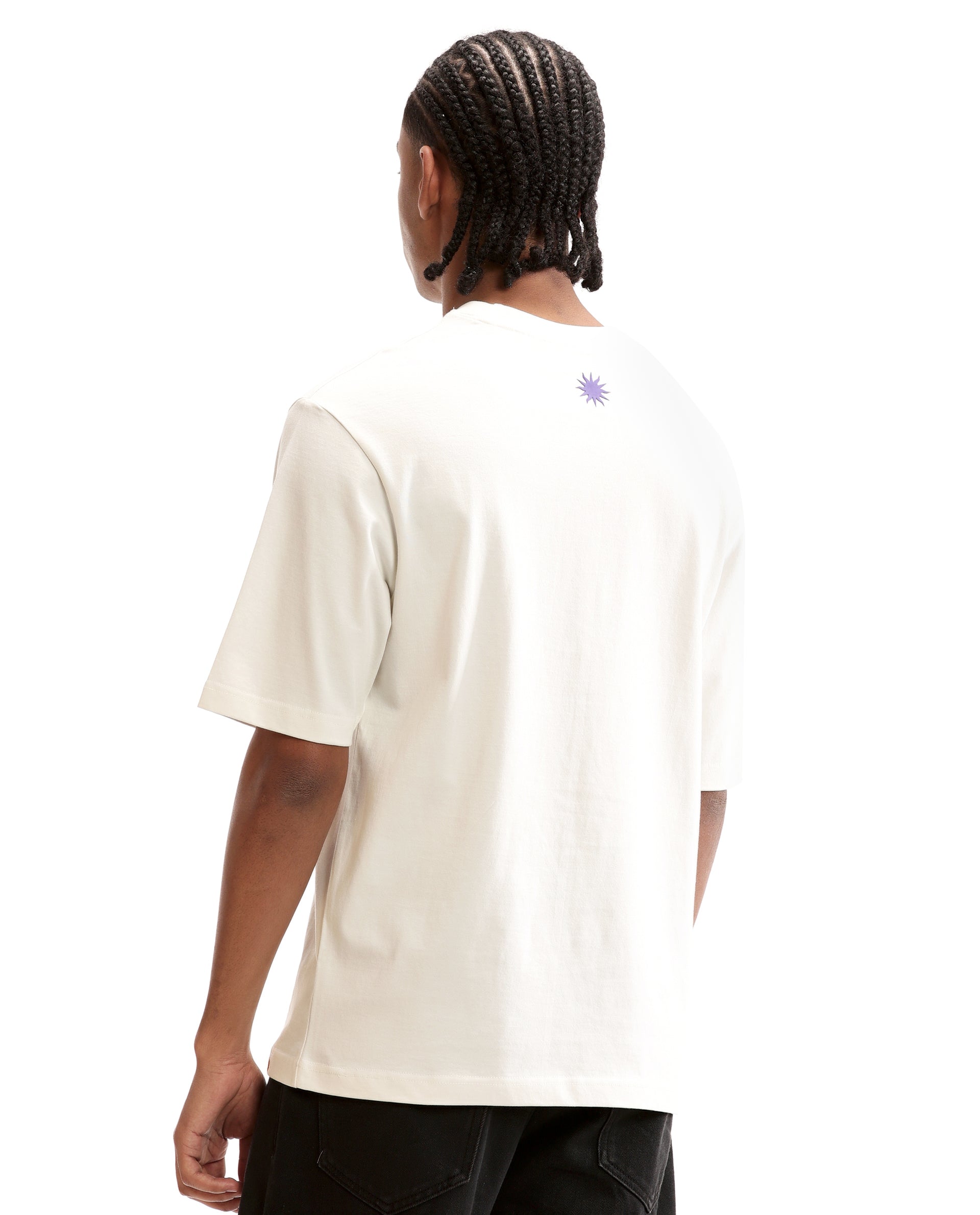 Ivory White Single Jersey Crew Neck Oversized T-Shirt with Deep Purple HD Print
