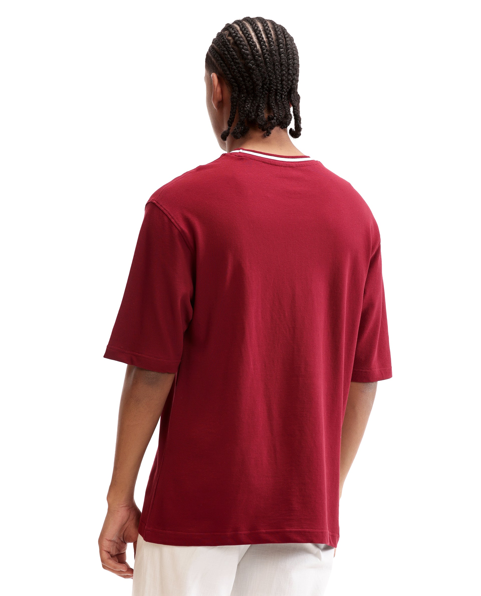 Bordeaux Maroon Pique Crew Neck Oversized T-Shirt with Pure White Piping
