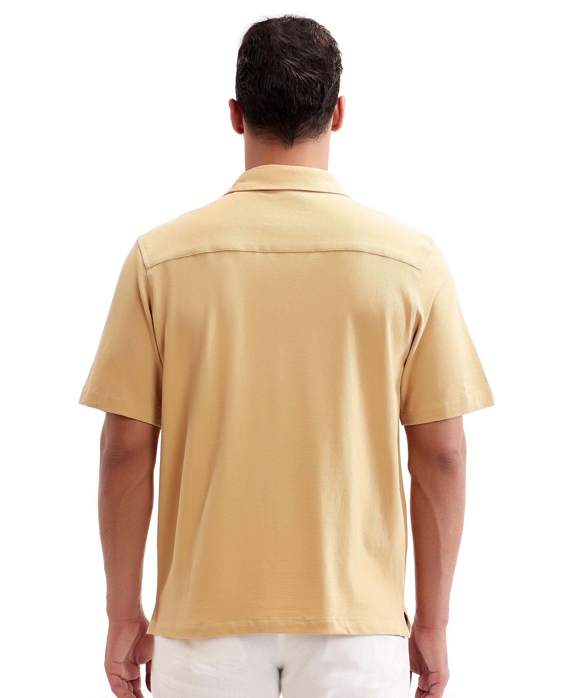 Camel Beige Pique Knit Shirt with 7C Metal Buttons, Gun Metal Badge
