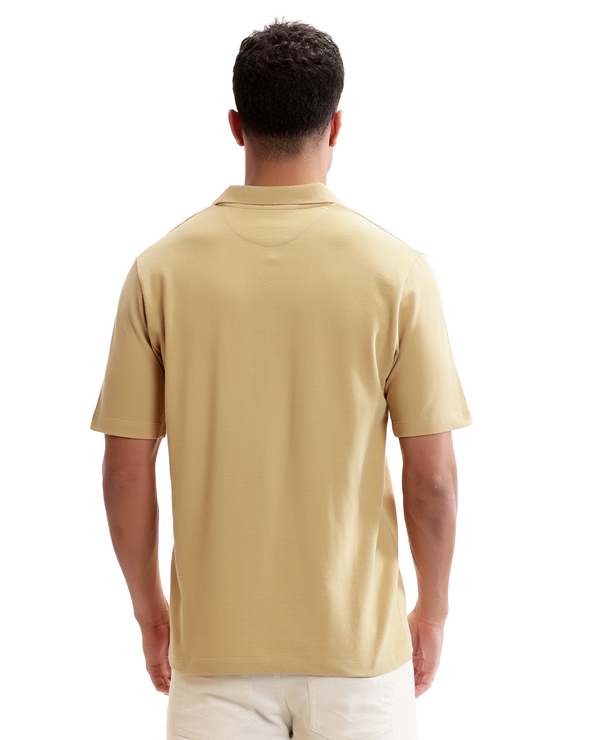 Camel Beige Johnny Collar Pique Polo with Tone-on-Tone 7C Embroidery