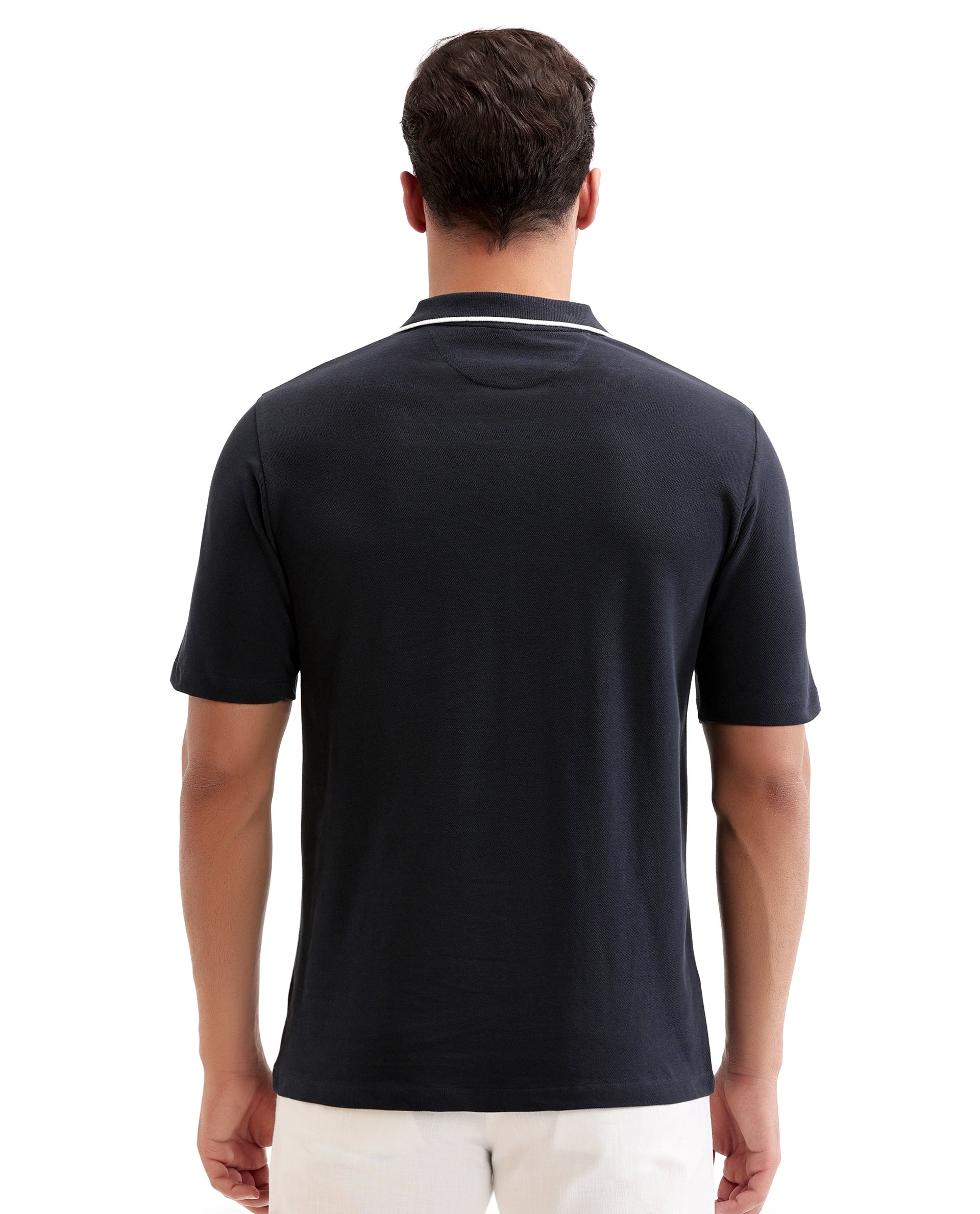 Midnight Navy Blue Johnny Collar Pique Polo with White Collar Piping