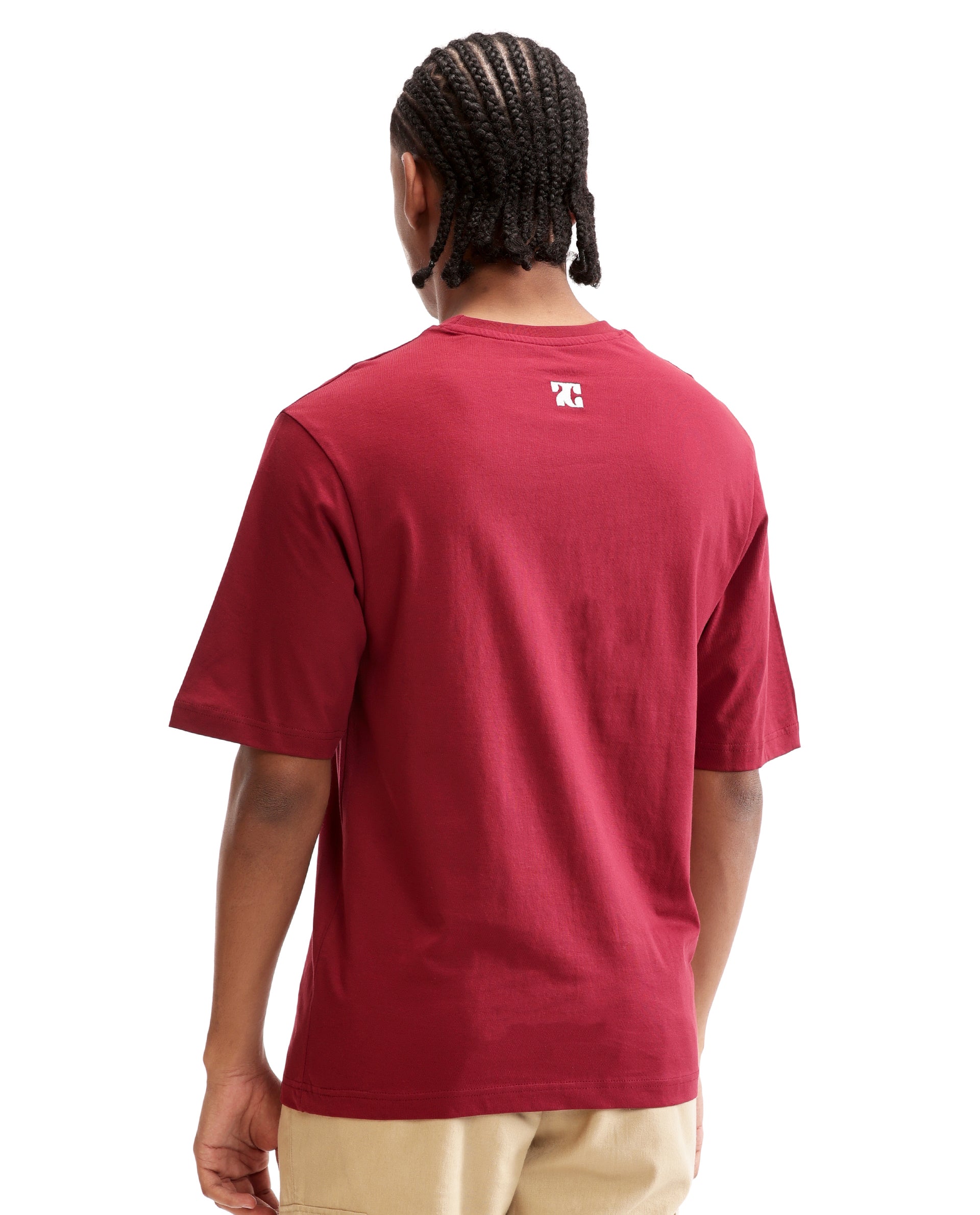 Bordeaux Maroon Single Jersey Crew Neck Oversized T-Shirt with Pure White Embroidery