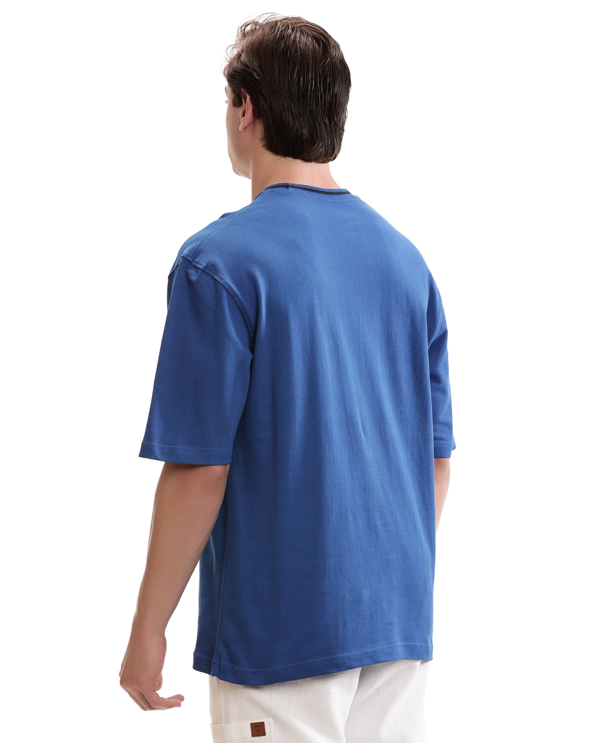 Imperial Prussian Blue Pique Crew Neck Oversized T-Shirt with Midnight Navy Blue Piping