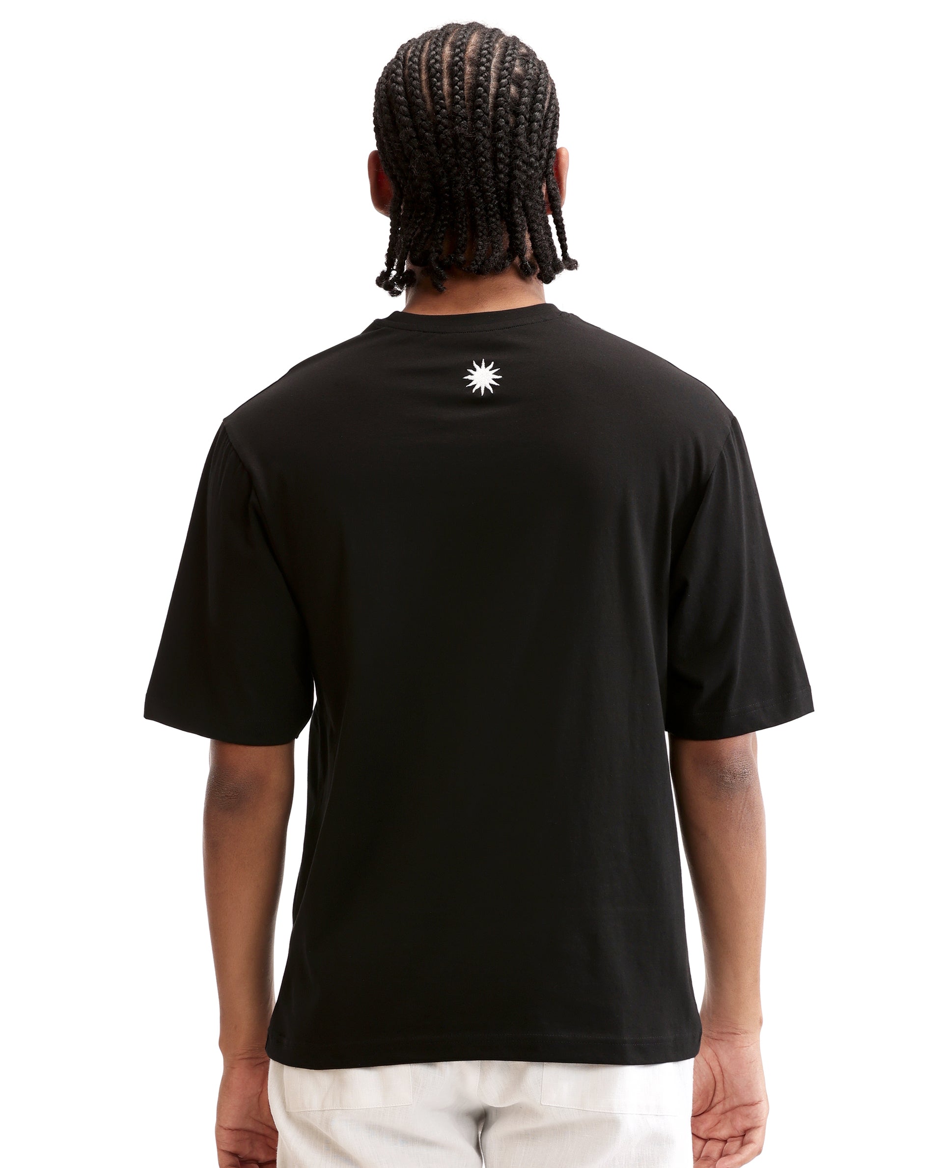 Charcoal Black Single Jersey Crew Neck Oversized T-Shirt with Pure White Embroidery
