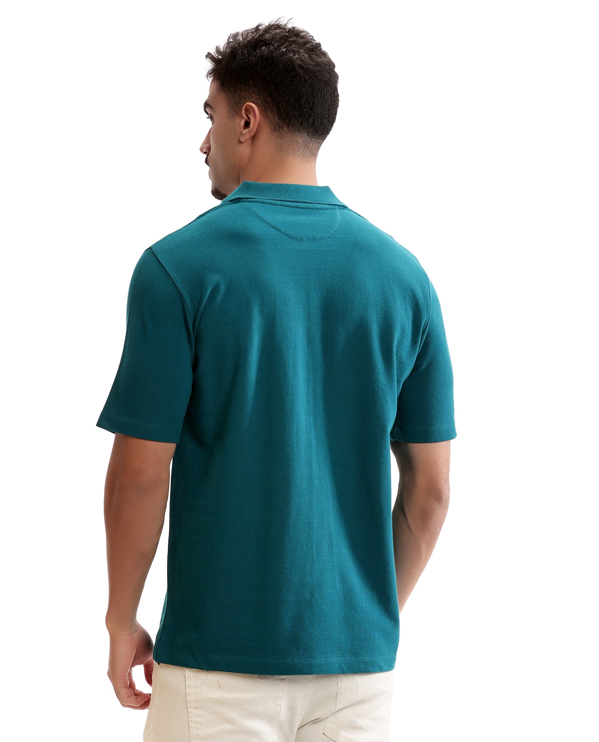 Ocean Teal Johnny Collar Pique Polo with Tone-on-Tone 7C Embroidery