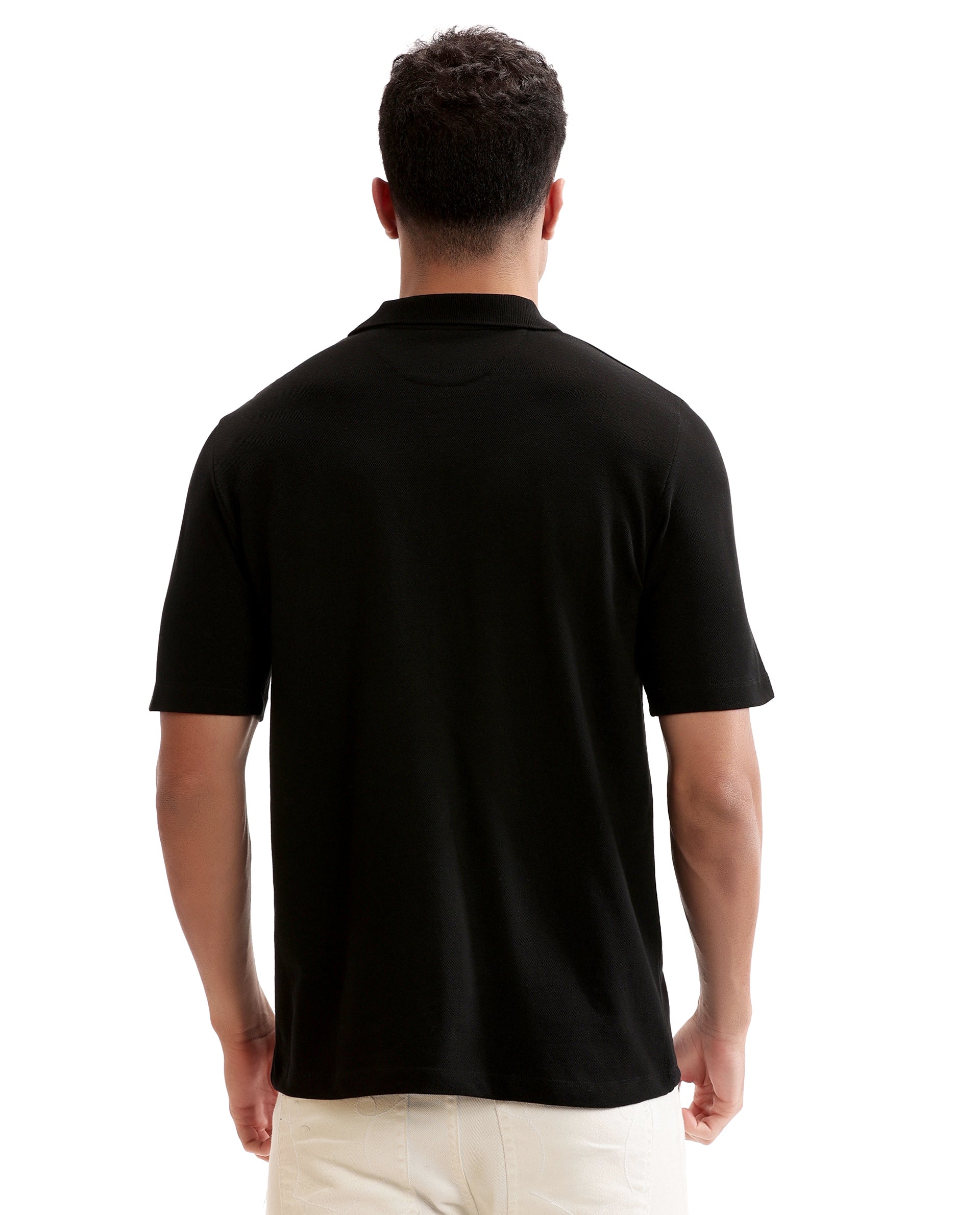 Charcoal Black Johnny Collar Pique Polo with Tone-on-Tone 7C Embroidery