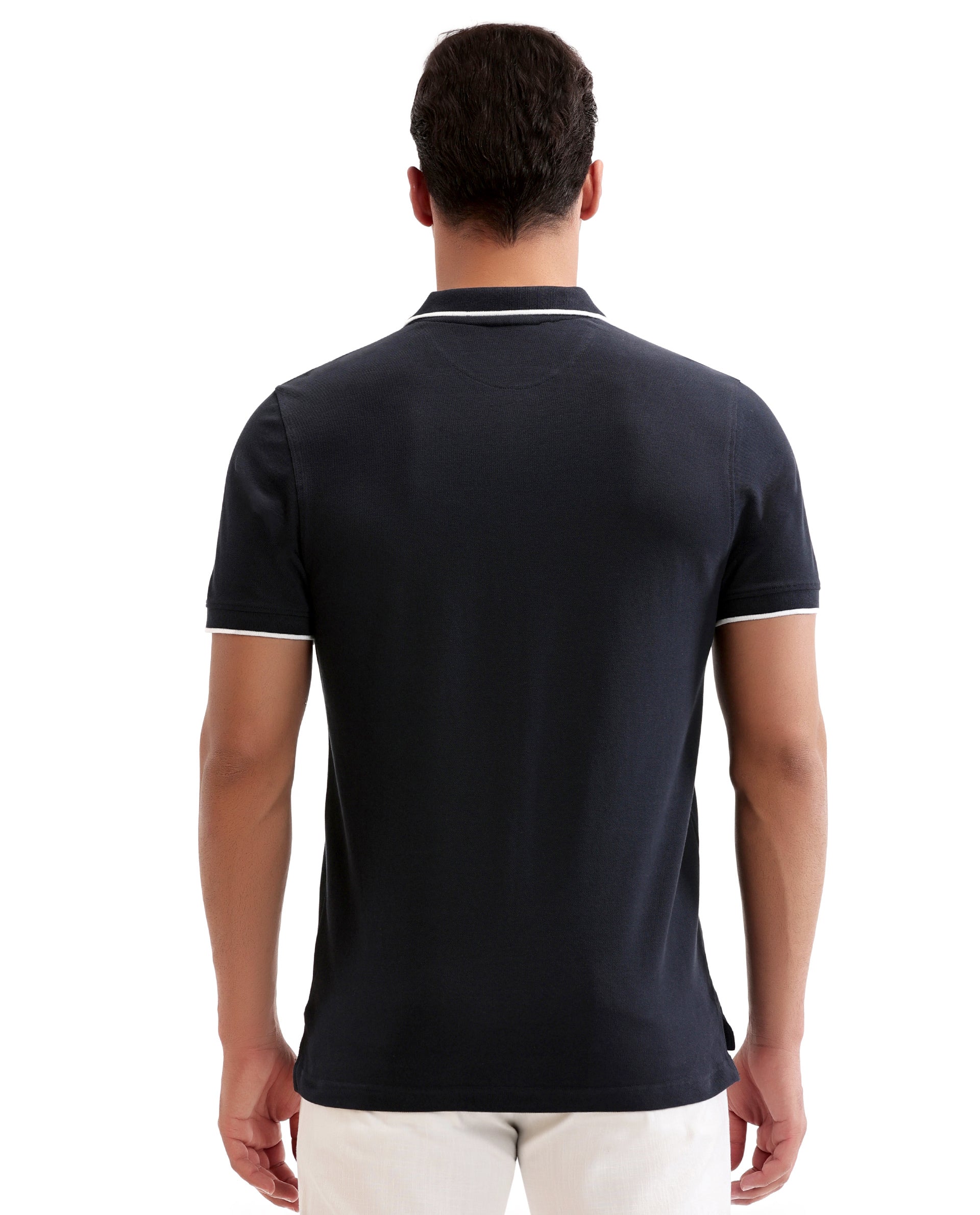 Midnight Navy Blue Pique Polo with White Collar Piping, Tone-on-Tone 7C Embroidery