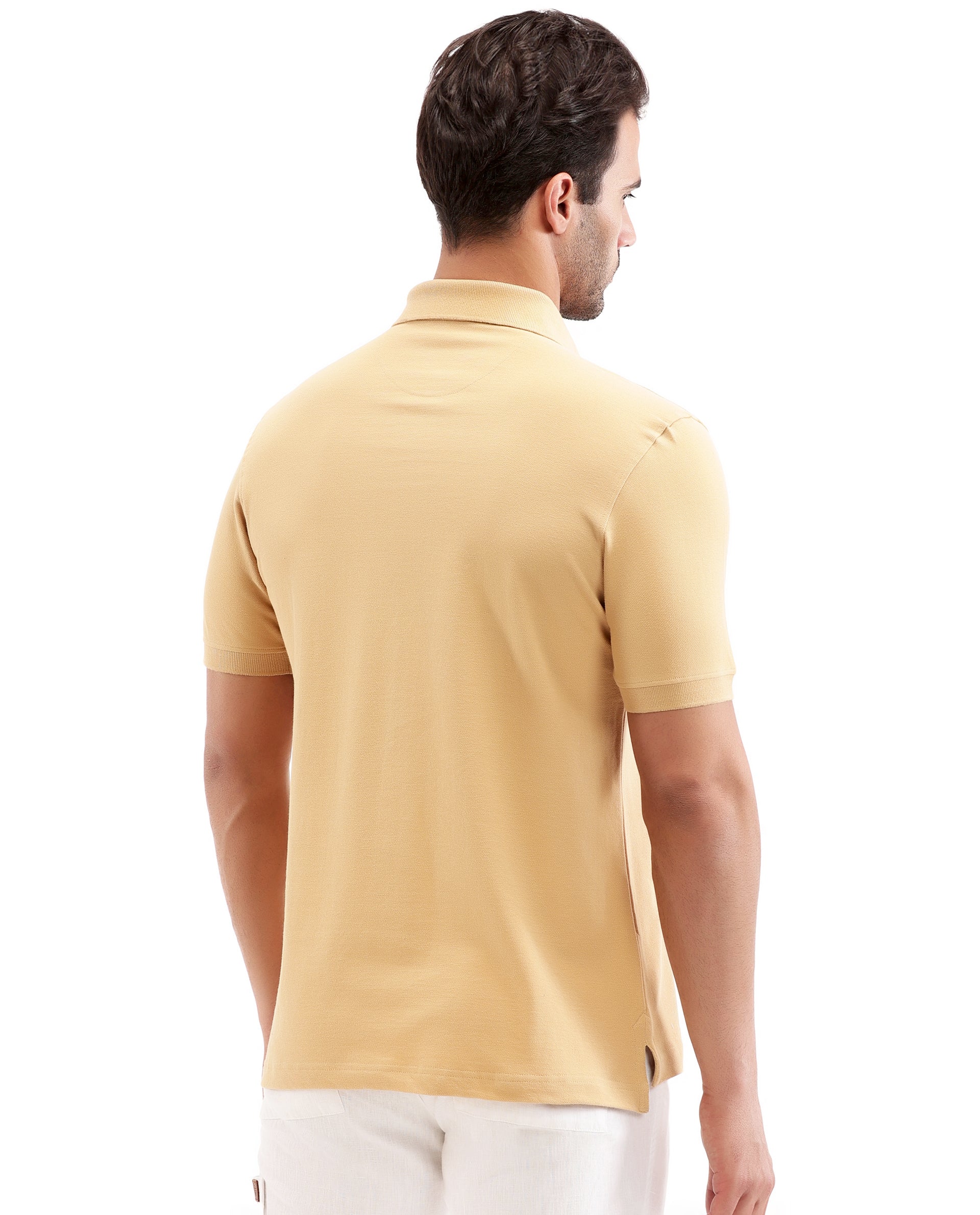 Camel Beige Solid Polo with Concealed 7C Metal Zip, HD Print
