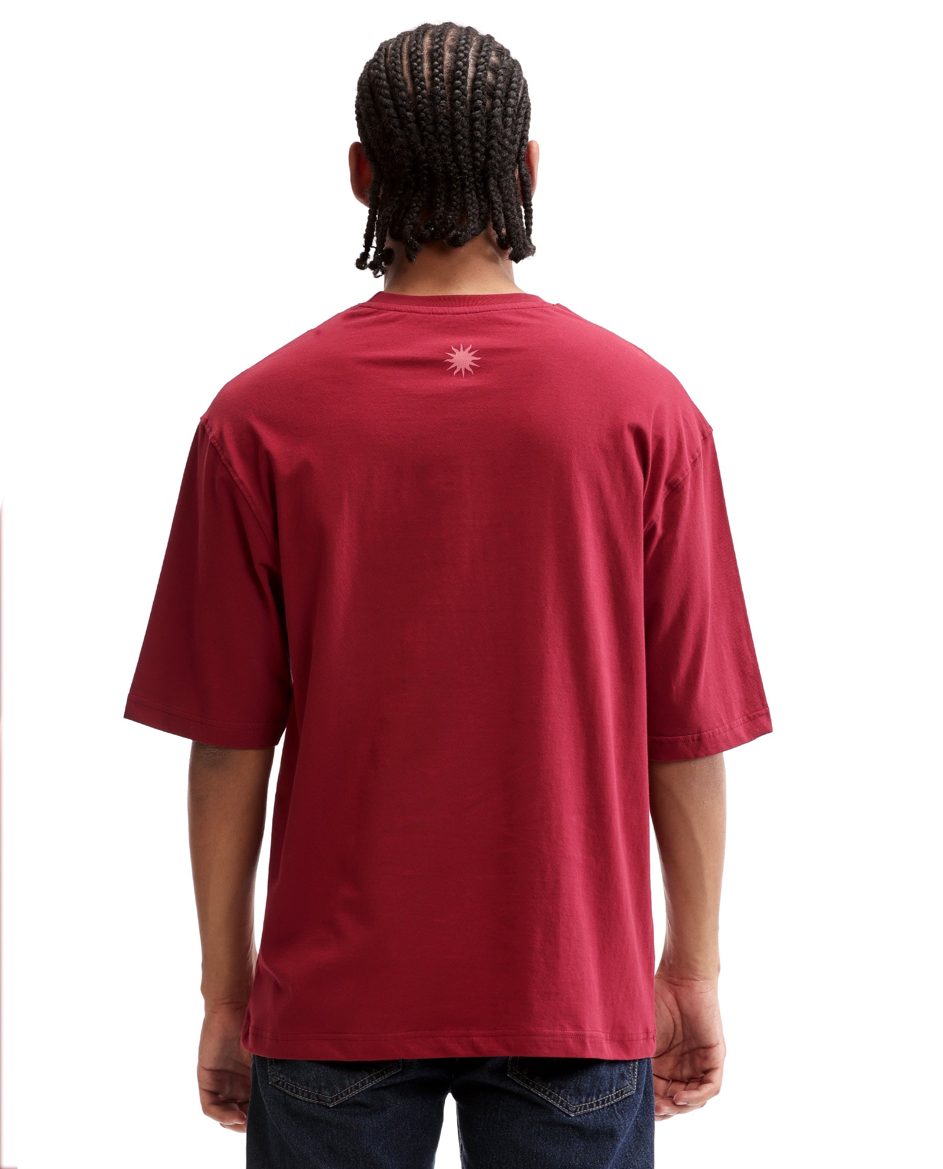 Bordeaux Maroon Single Jersey Crew Neck Oversized T-Shirt with Light Maroon Print & Pure White 7C Embroidery