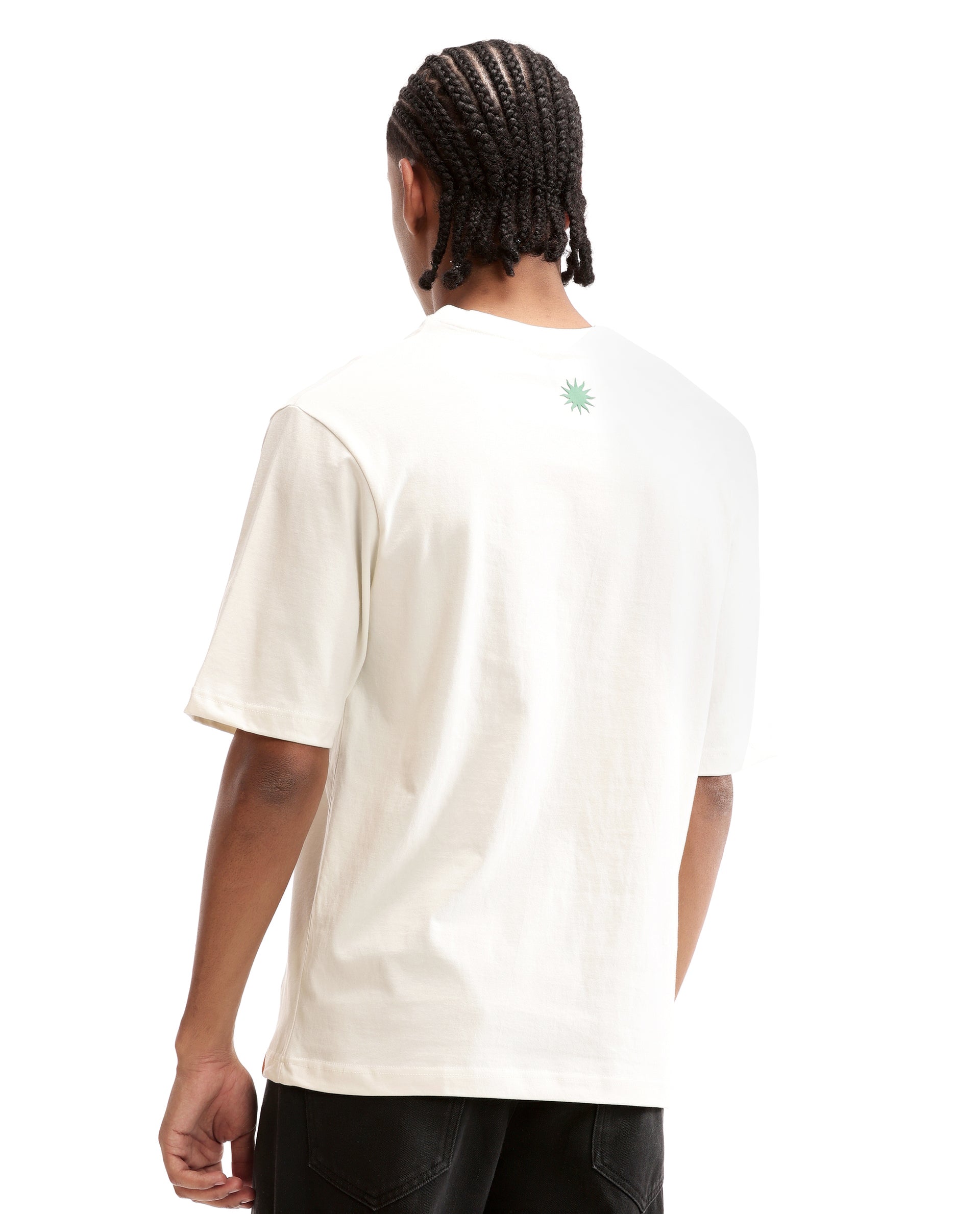 Ivory White Single Jersey Crew Neck Oversized T-Shirt with Deep Forest Green Puff Print