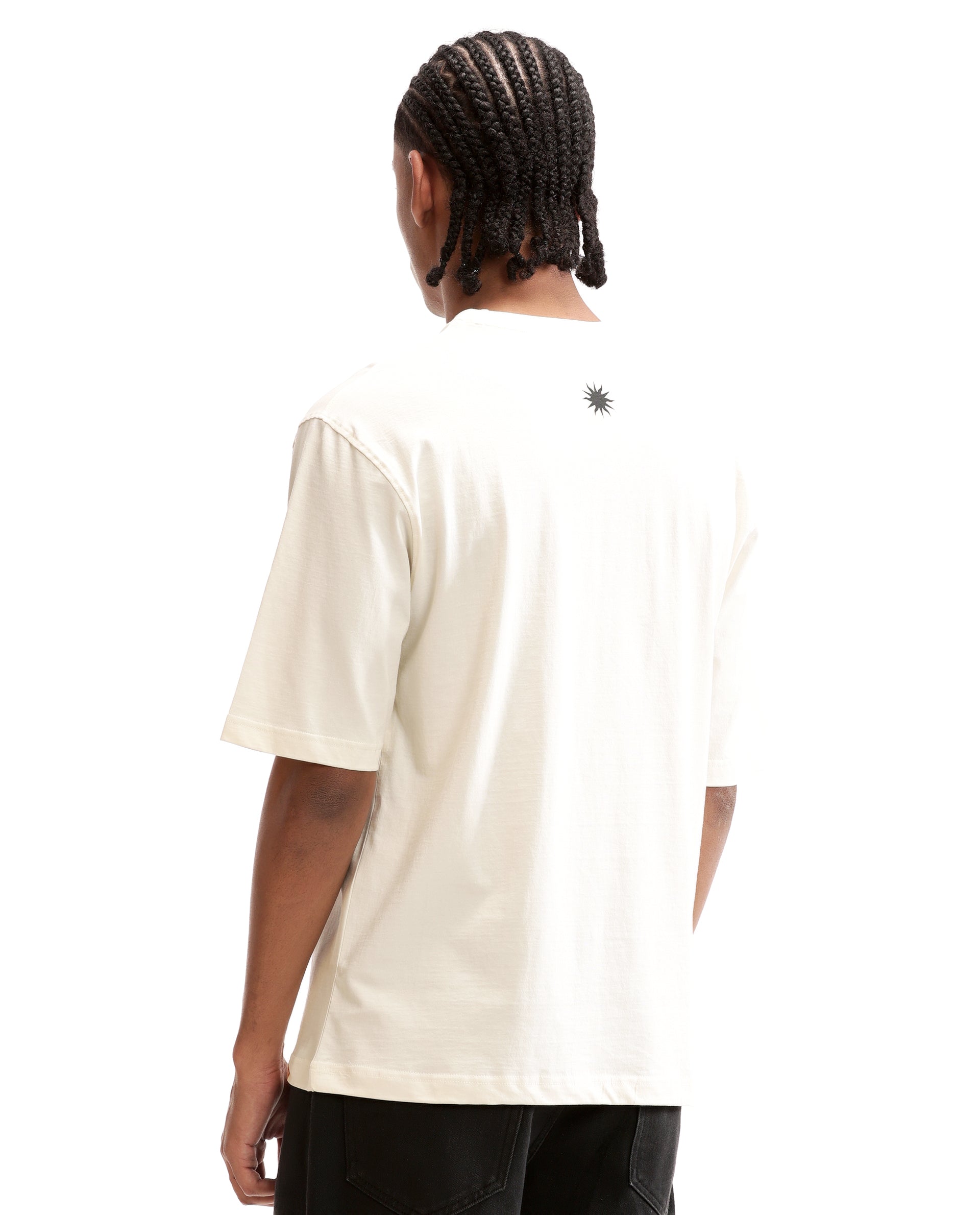 Ivory White Single Jersey Crew Neck Oversized T-Shirt with Black Print & Pure White 7C Embroidery