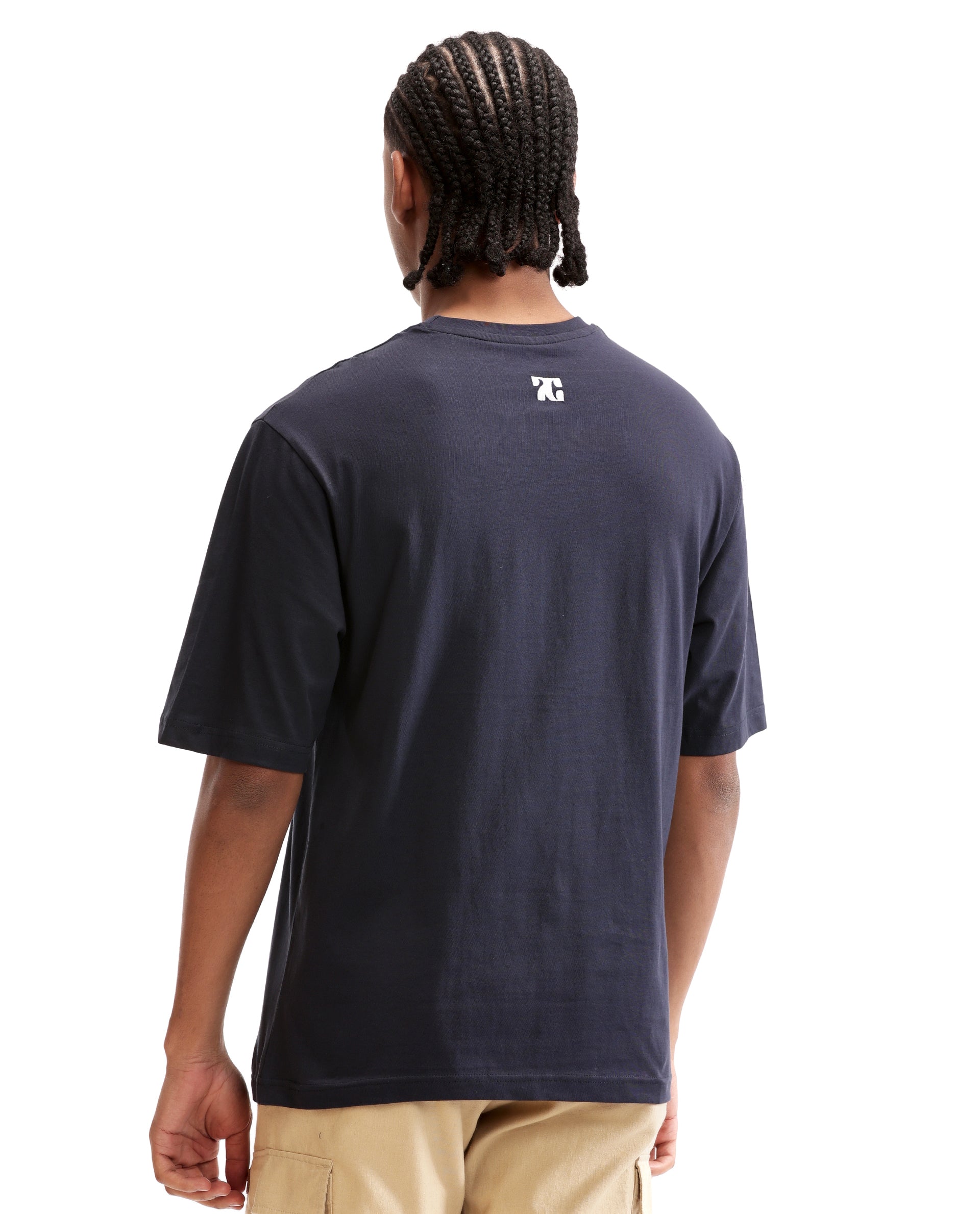 Midnight Navy Blue Single Jersey Crew Neck Oversized T-Shirt with Pure White Embroidery