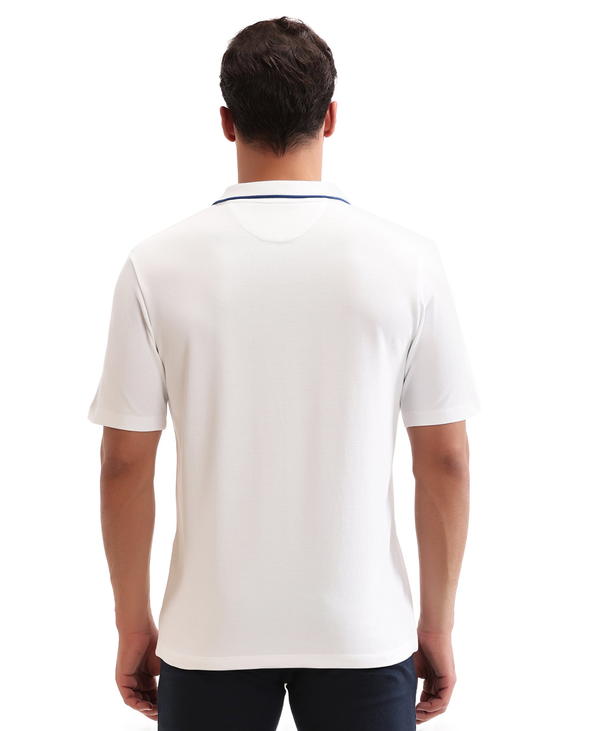 Pure White Johnny Collar Pique Polo with Prussian Blue Collar Piping