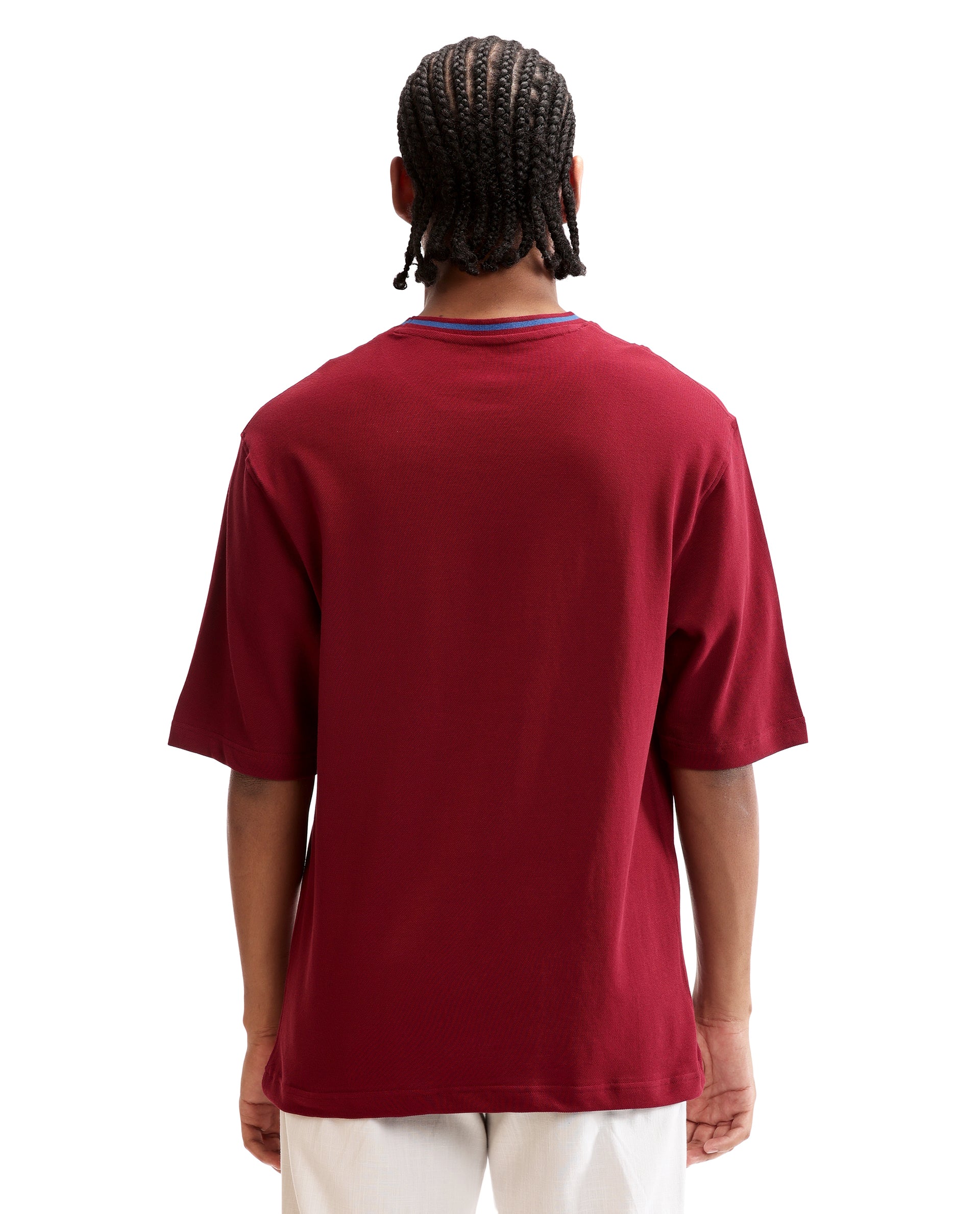 Bordeaux Maroon Pique Crew Neck Oversized T-Shirt with Midnight Navy Blue Piping