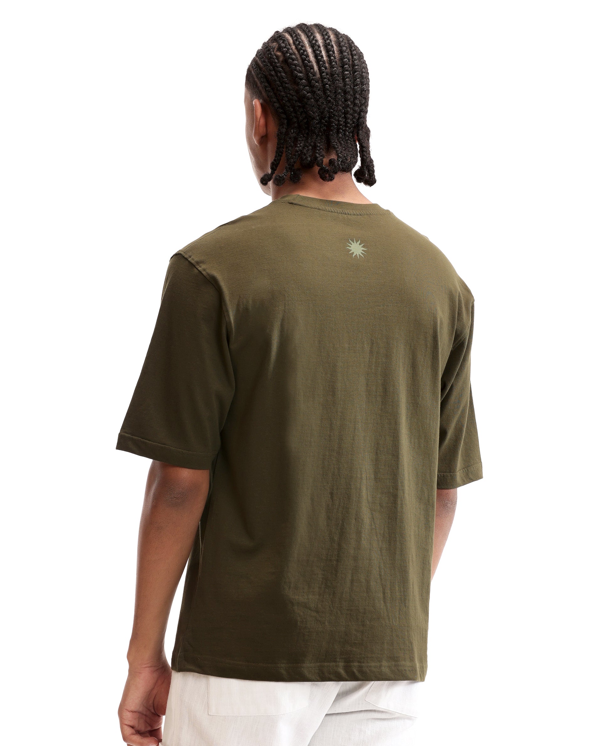 Vintage Olive Single Jersey Crew Neck Oversized T-Shirt with Light Olive Print & Pure White 7C Embroidery