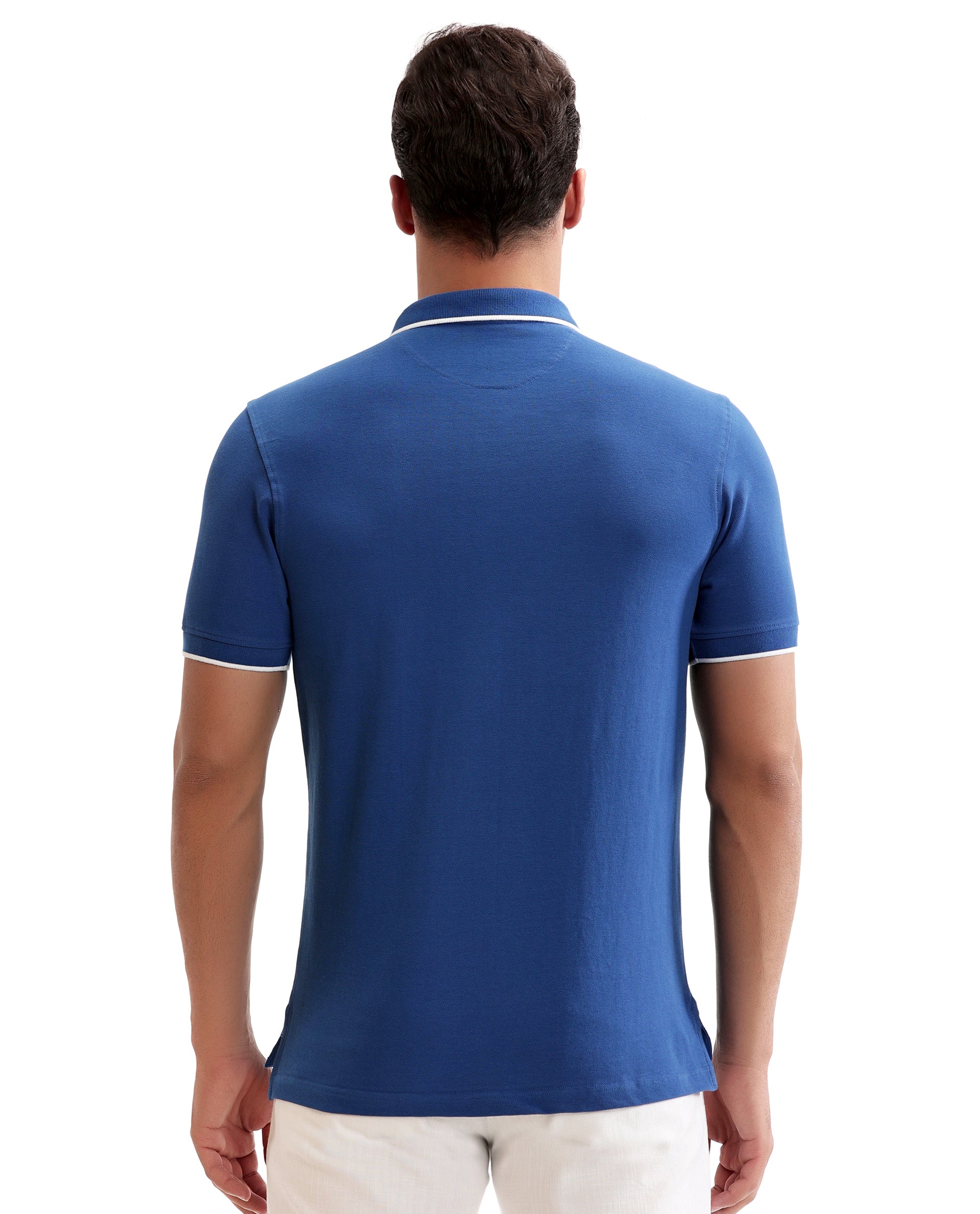 Imperial Prussian Blue Pique Polo with White Collar Piping, Tone-on-Tone 7C Embroidery