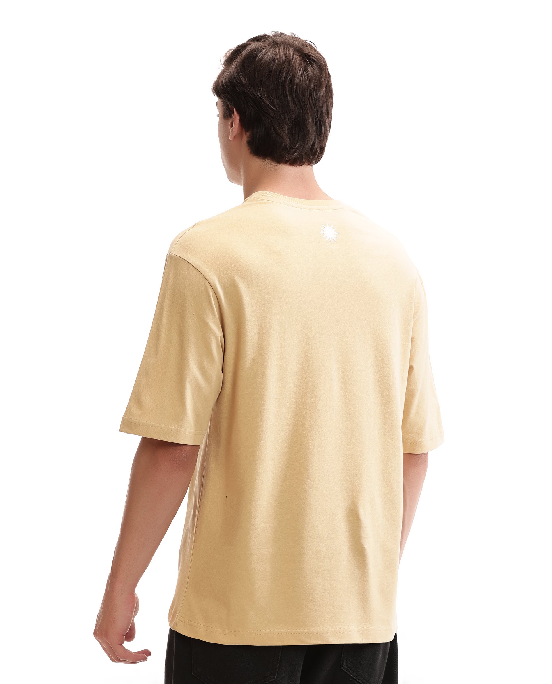 Camel Beige Single Jersey Crew Neck Oversized T-Shirt with Pure White Puff Print