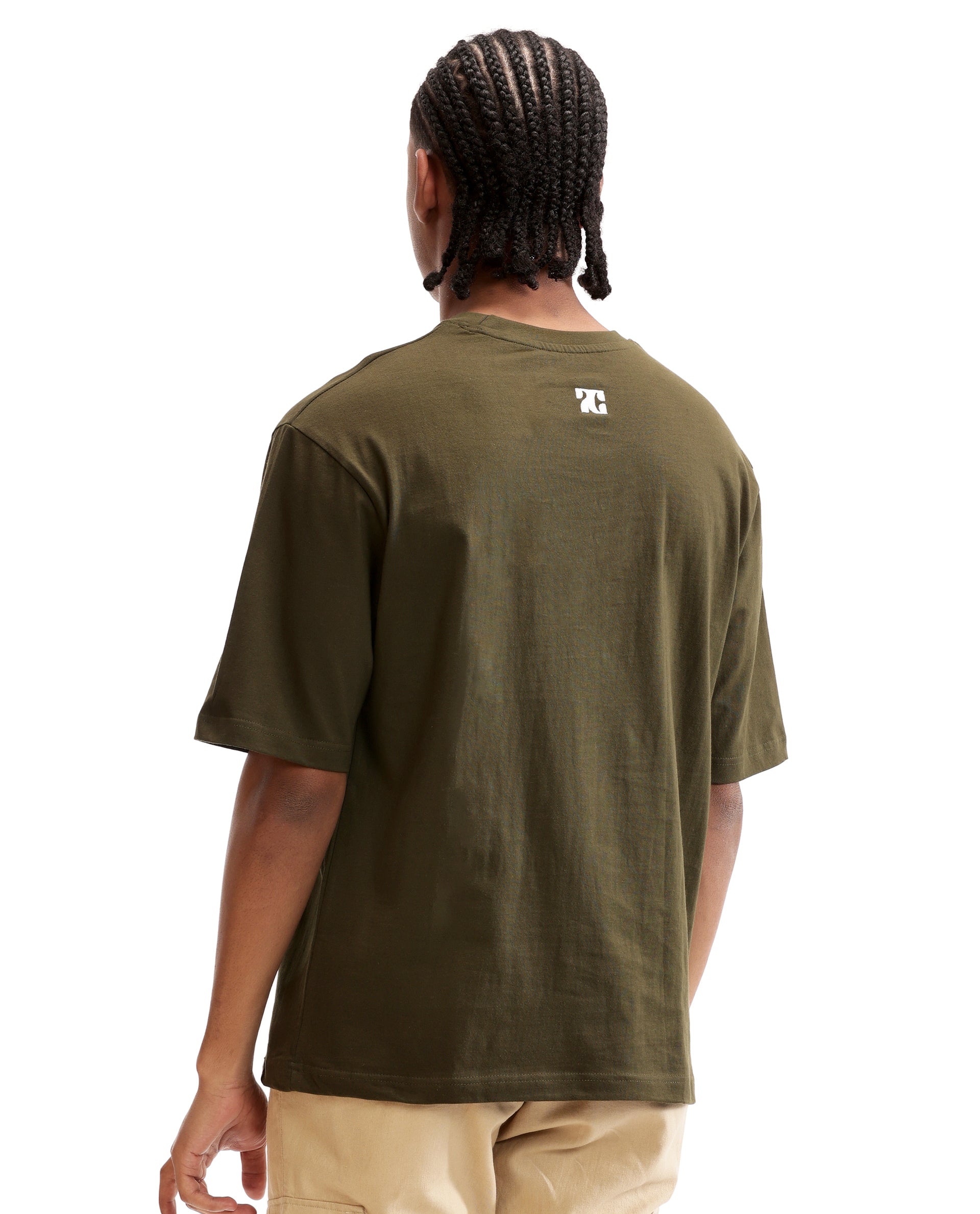 Vintage Olive Single Jersey Crew Neck Oversized T-Shirt with Pure White Embroidery