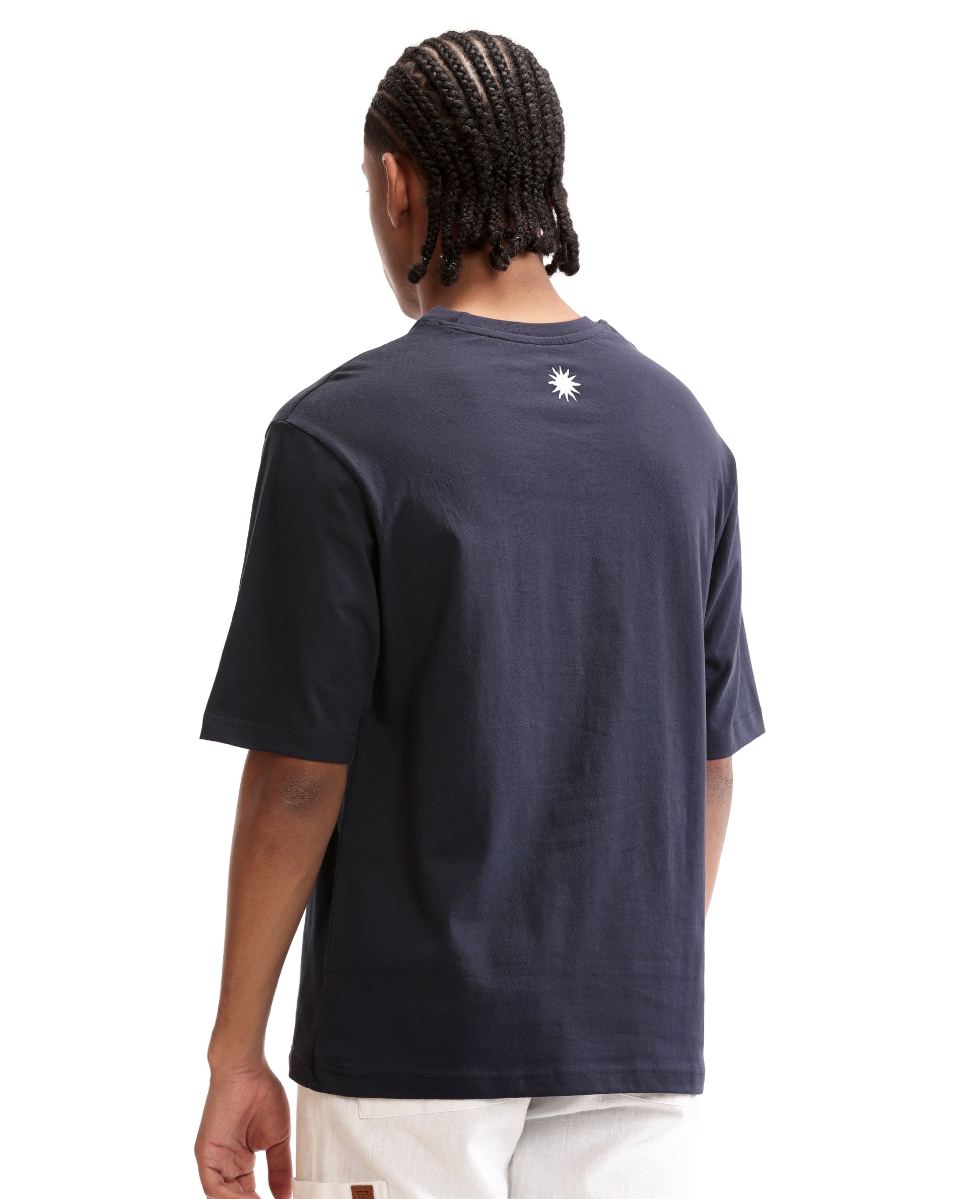 Midnight Navy Blue Single Jersey Crew Neck Oversized T-Shirt with Pure White Embroidery