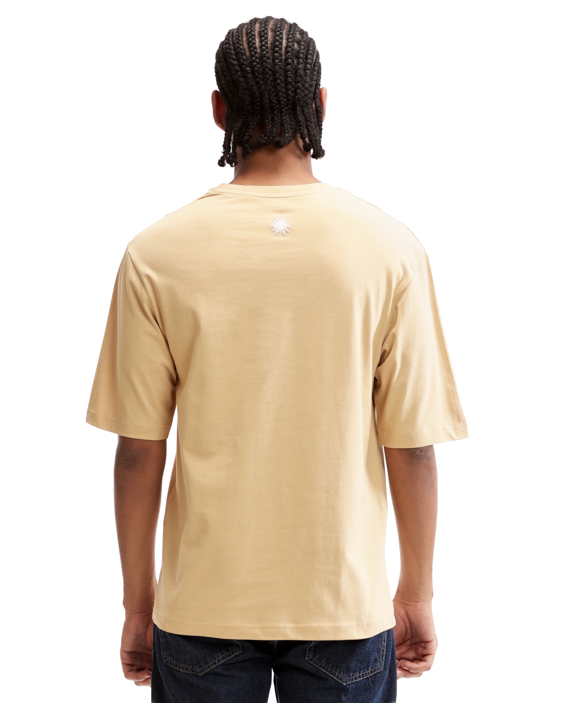 Camel Beige Single Jersey Crew Neck Oversized T-Shirt with Pure White Embroidery