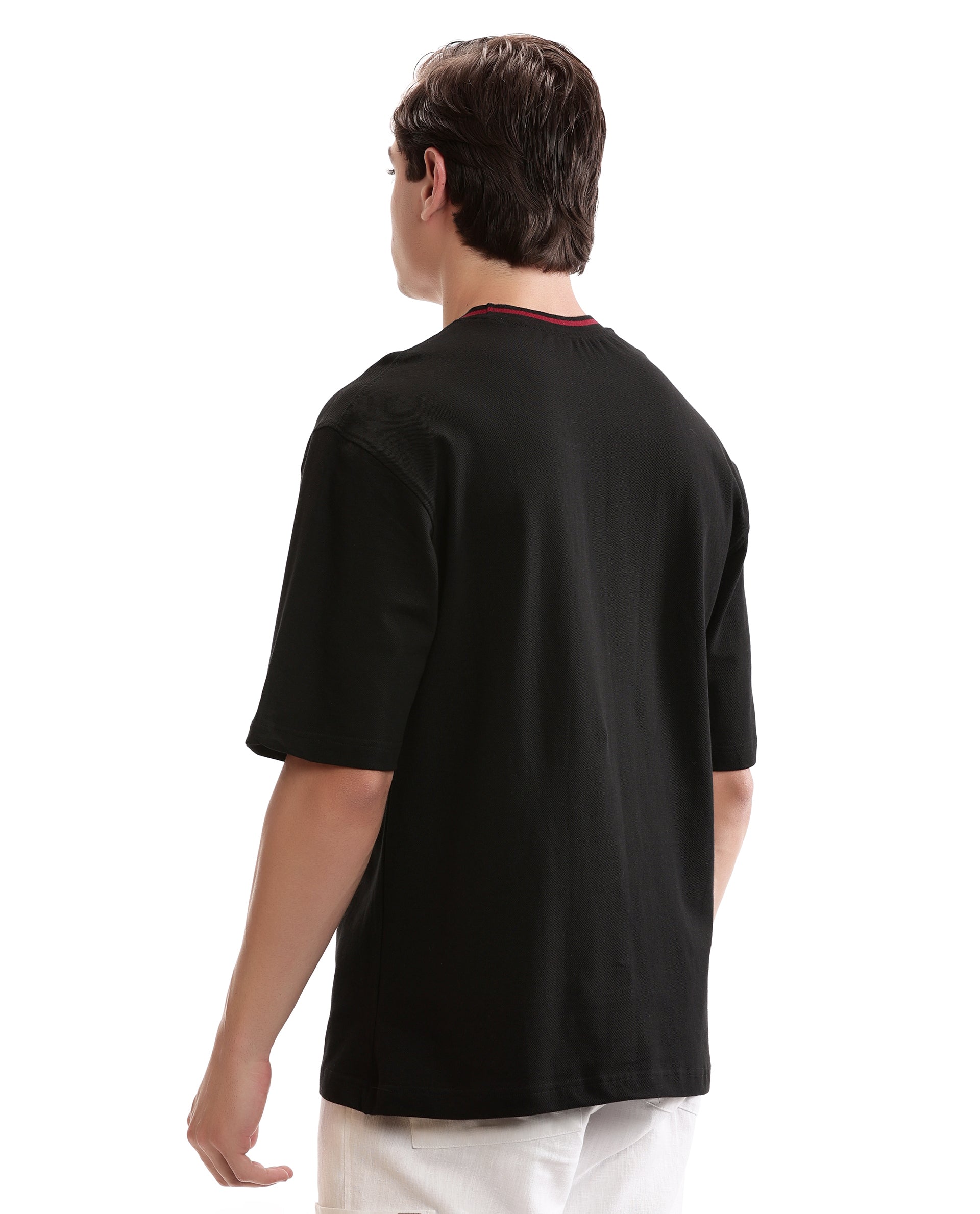 Charcoal Black Pique Crew Neck Oversized T-Shirt with Bordeaux Maroon Piping