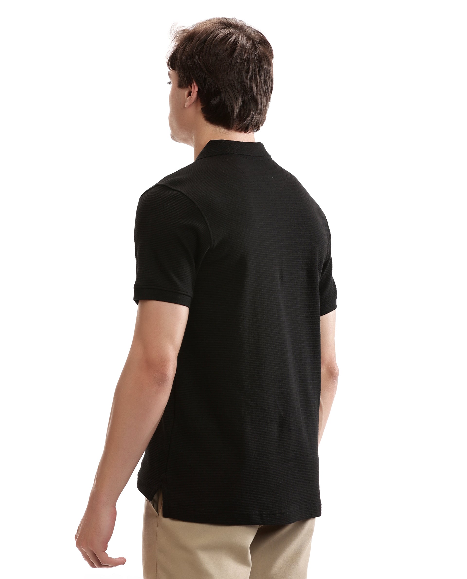 Charcoal Black Knitted Ottoman Polo with Ribbed Collar