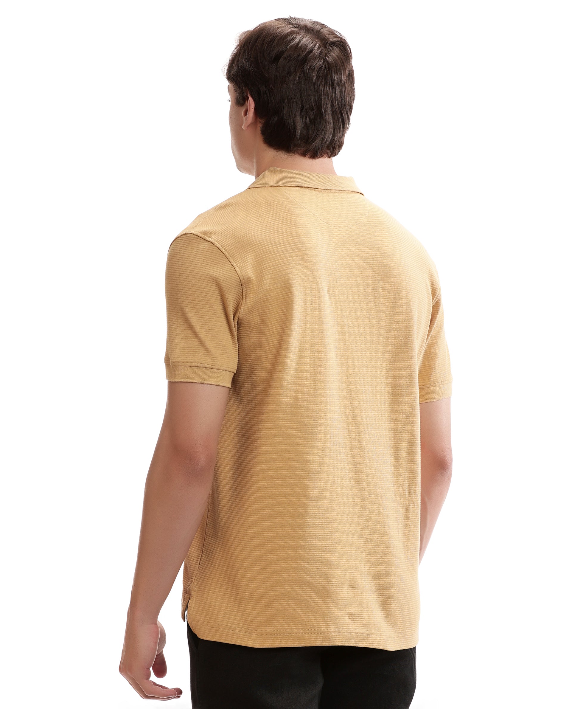 Camel Beige Knitted Ottoman Polo with Ribbed Collar