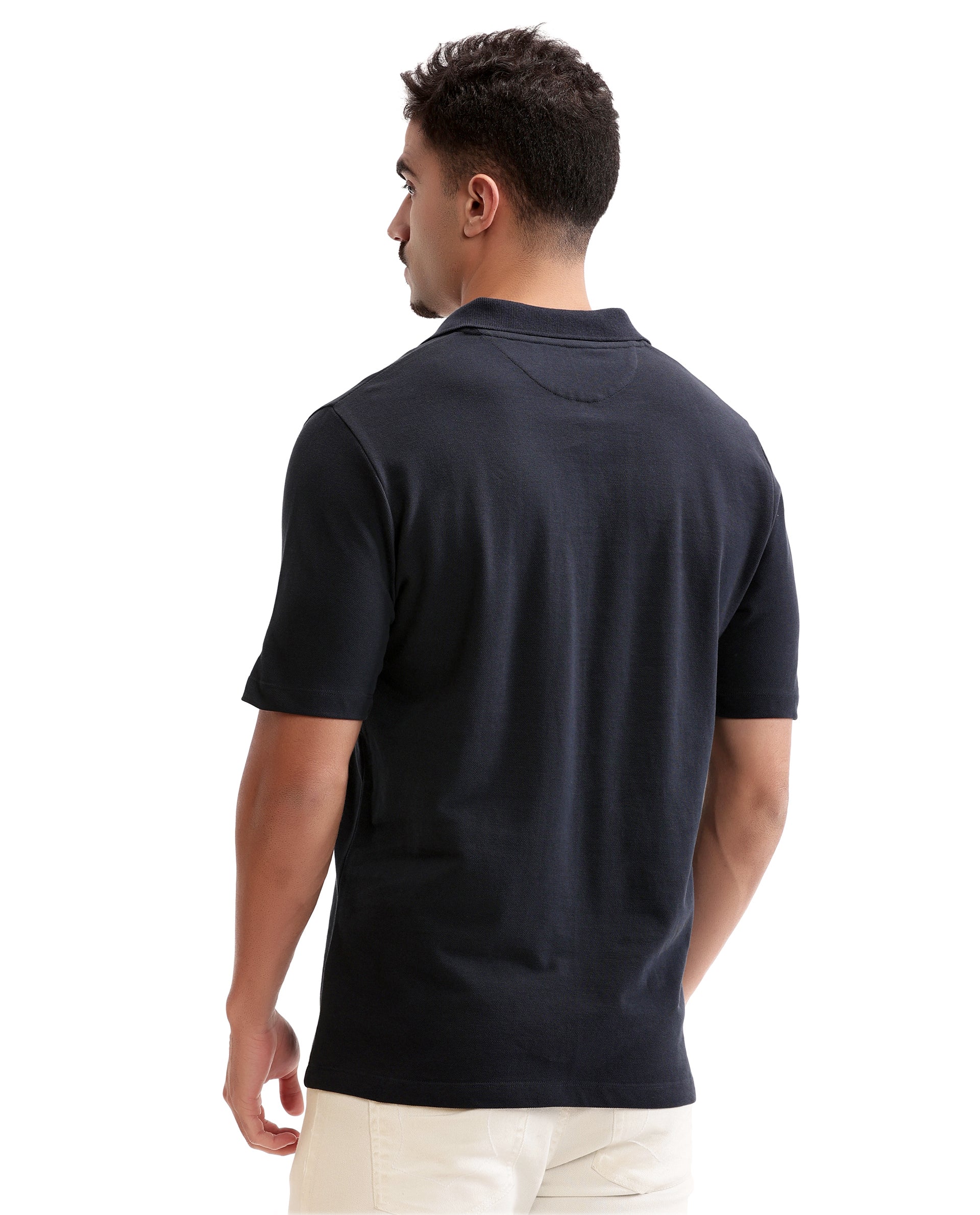 Midnight Navy Blue Johnny Collar Pique Polo with Tone-on-Tone 7C Embroidery