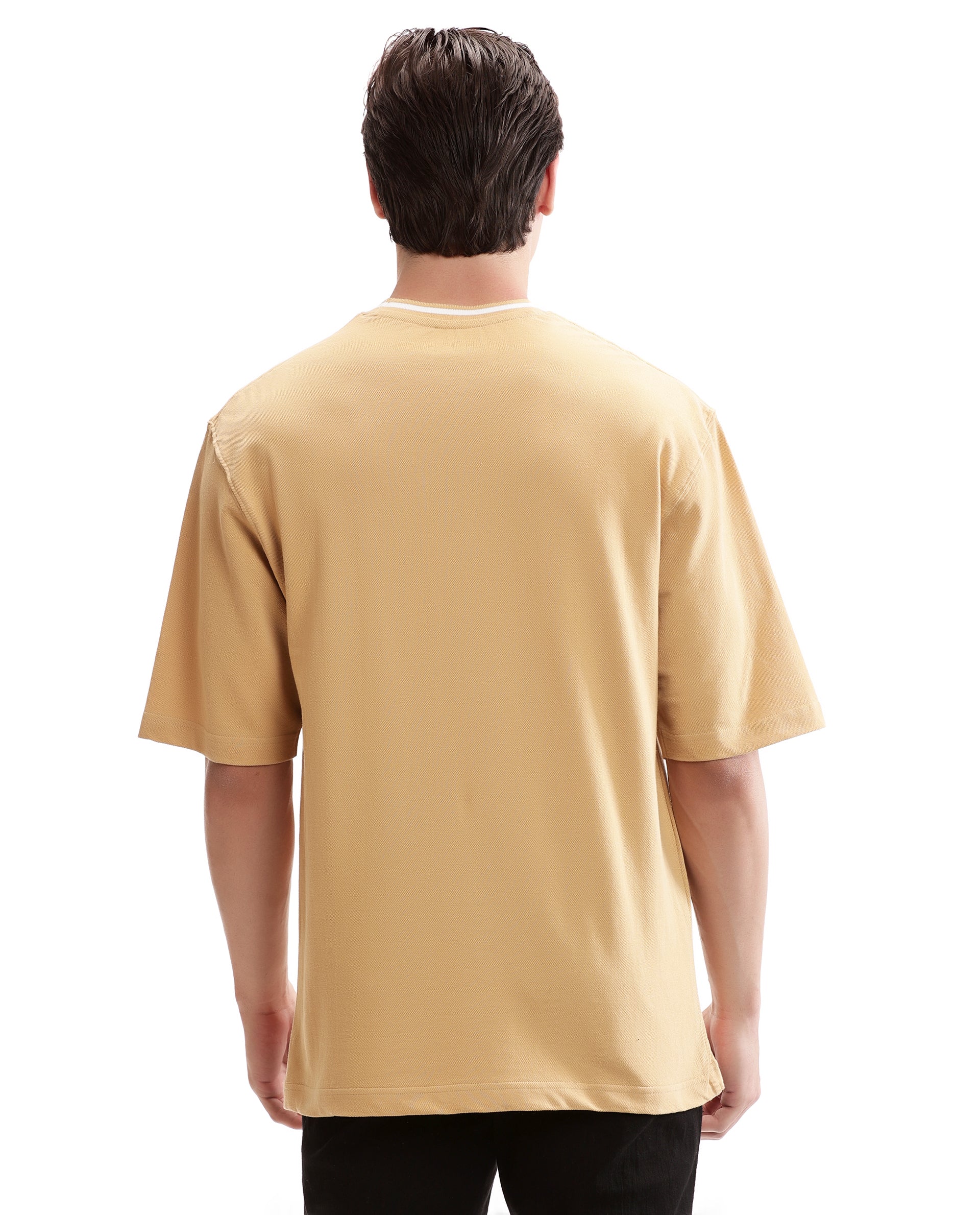 Camel Beige Pique Crew Neck Oversized T-Shirt with Pure White Piping