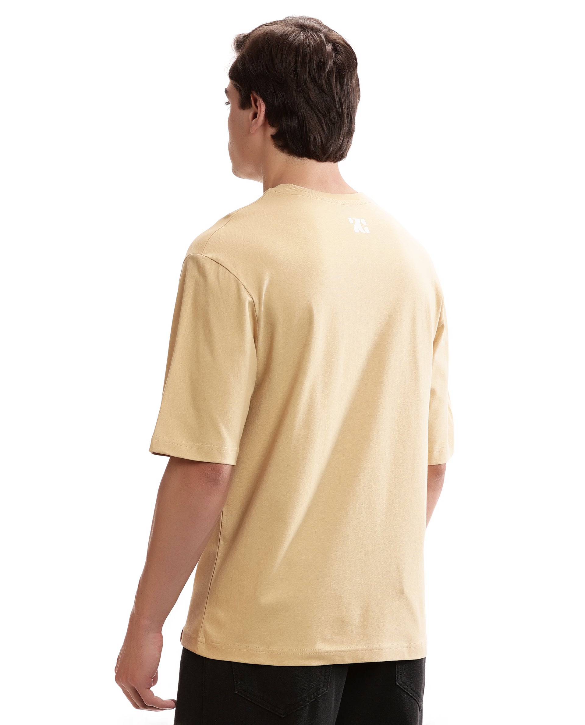Camel Beige Single Jersey Crew Neck Oversized T-Shirt with Pure White Non-PVC Print