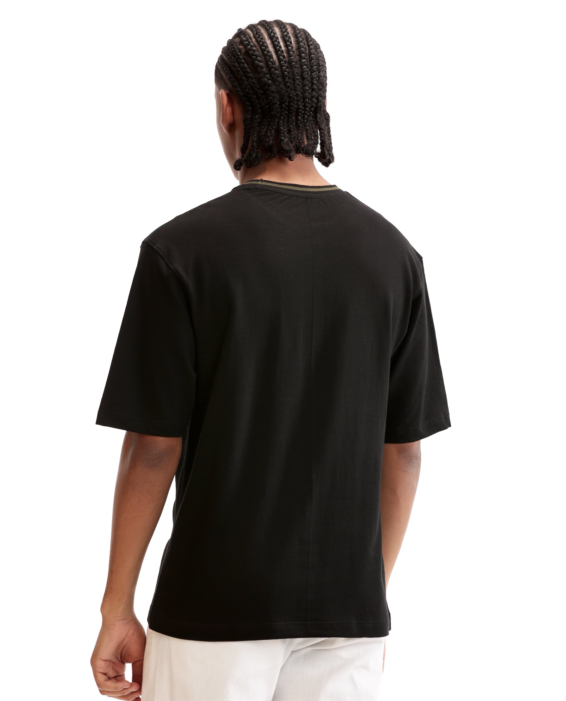Charcoal Black Pique Crew Neck Oversized T-Shirt with Vintage Olive Piping