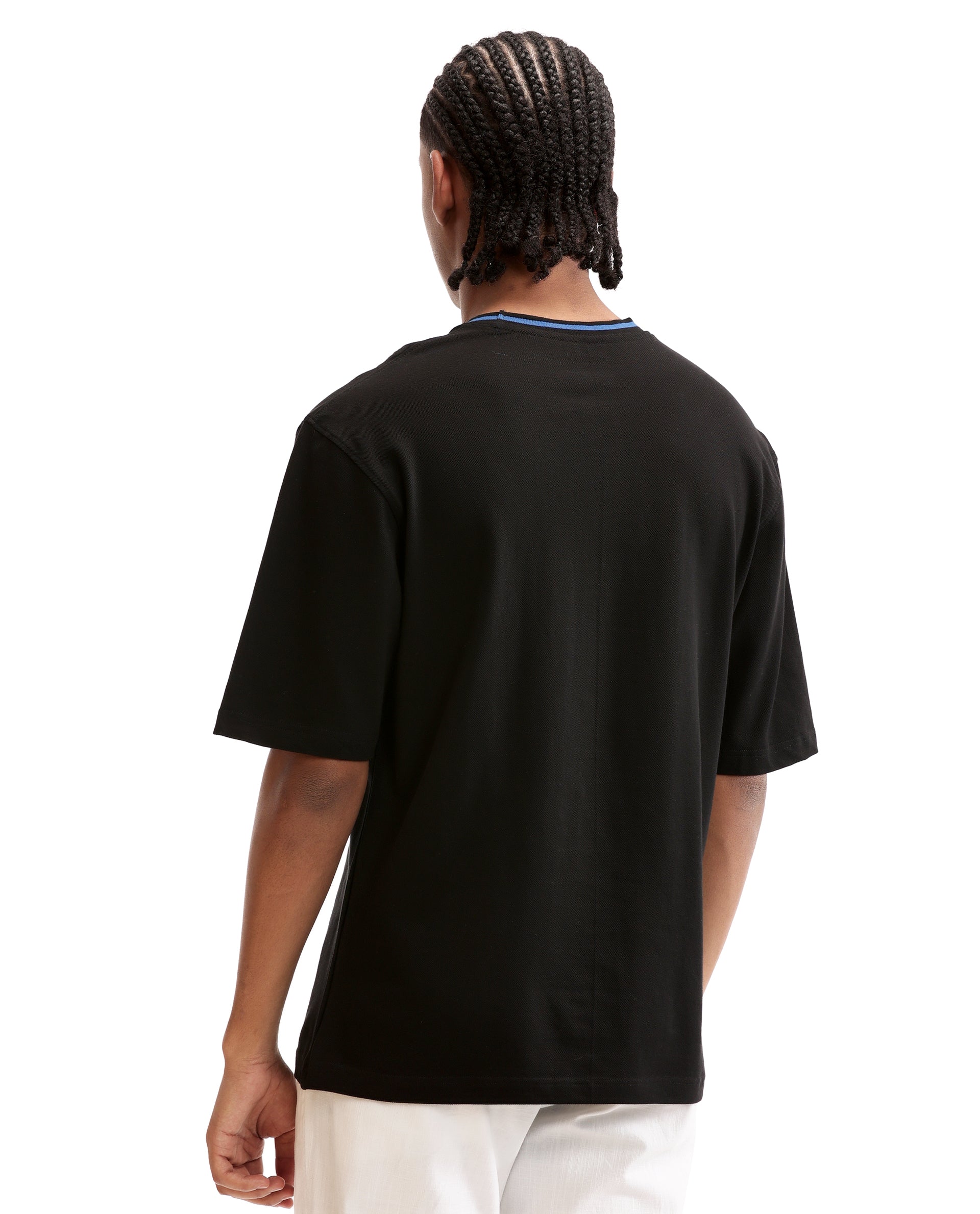Charcoal Black Pique Crew Neck Oversized T-Shirt with Imperial Prussian Blue Piping