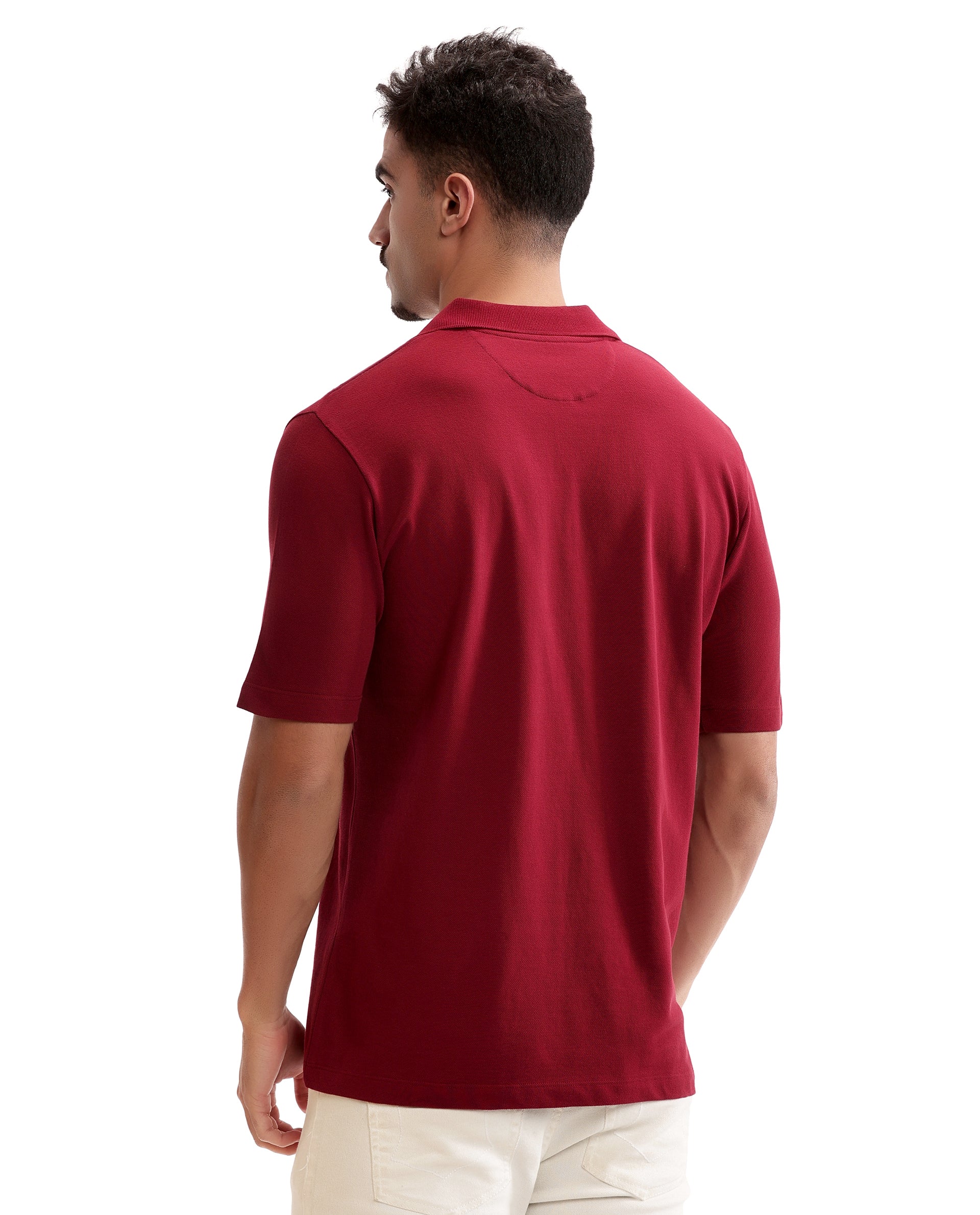 Bordeaux Maroon Johnny Collar Pique Polo with Tone-on-Tone 7C Embroidery