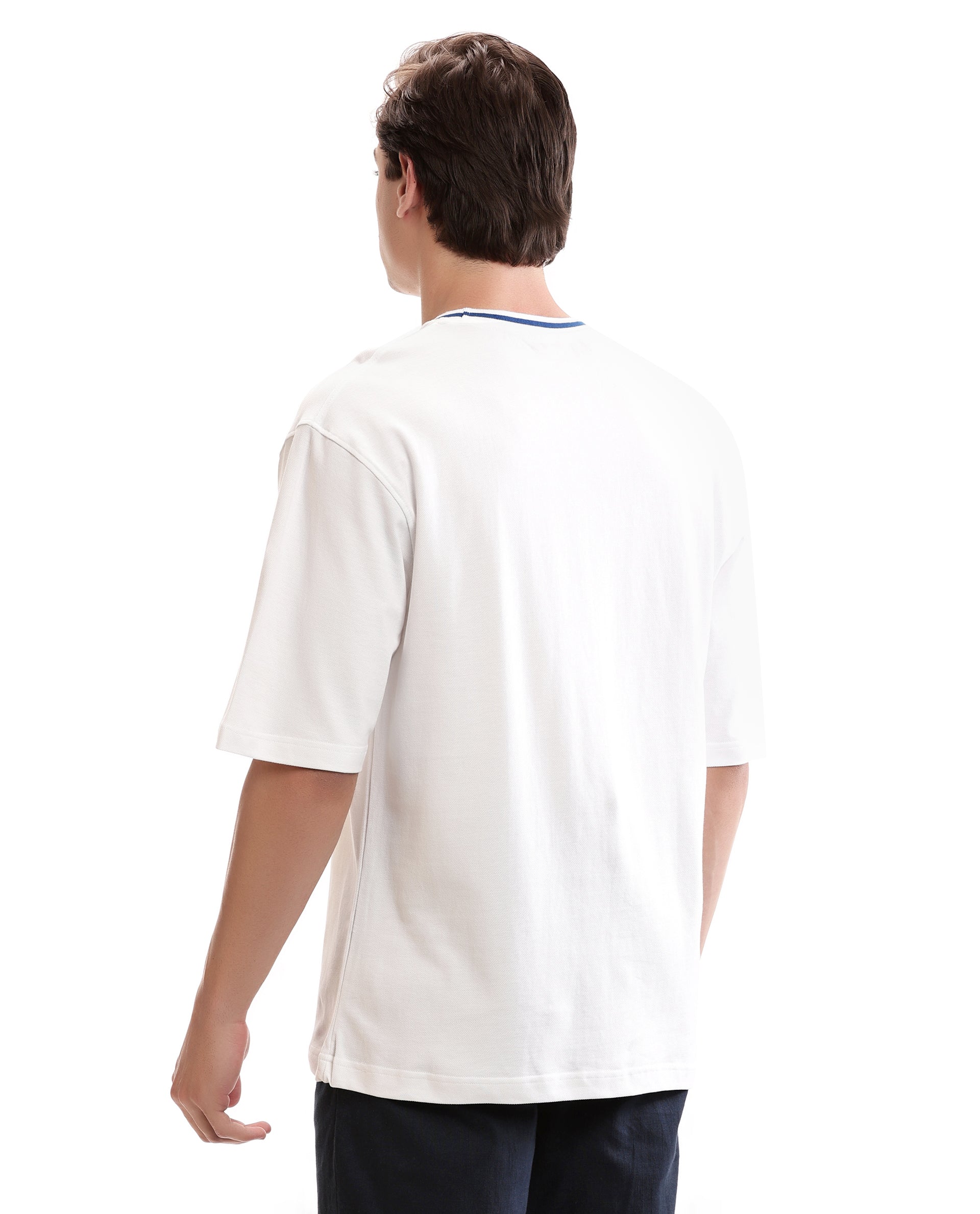 Pure White Pique Crew Neck Oversized T-Shirt with Imperial Prussian Blue Piping