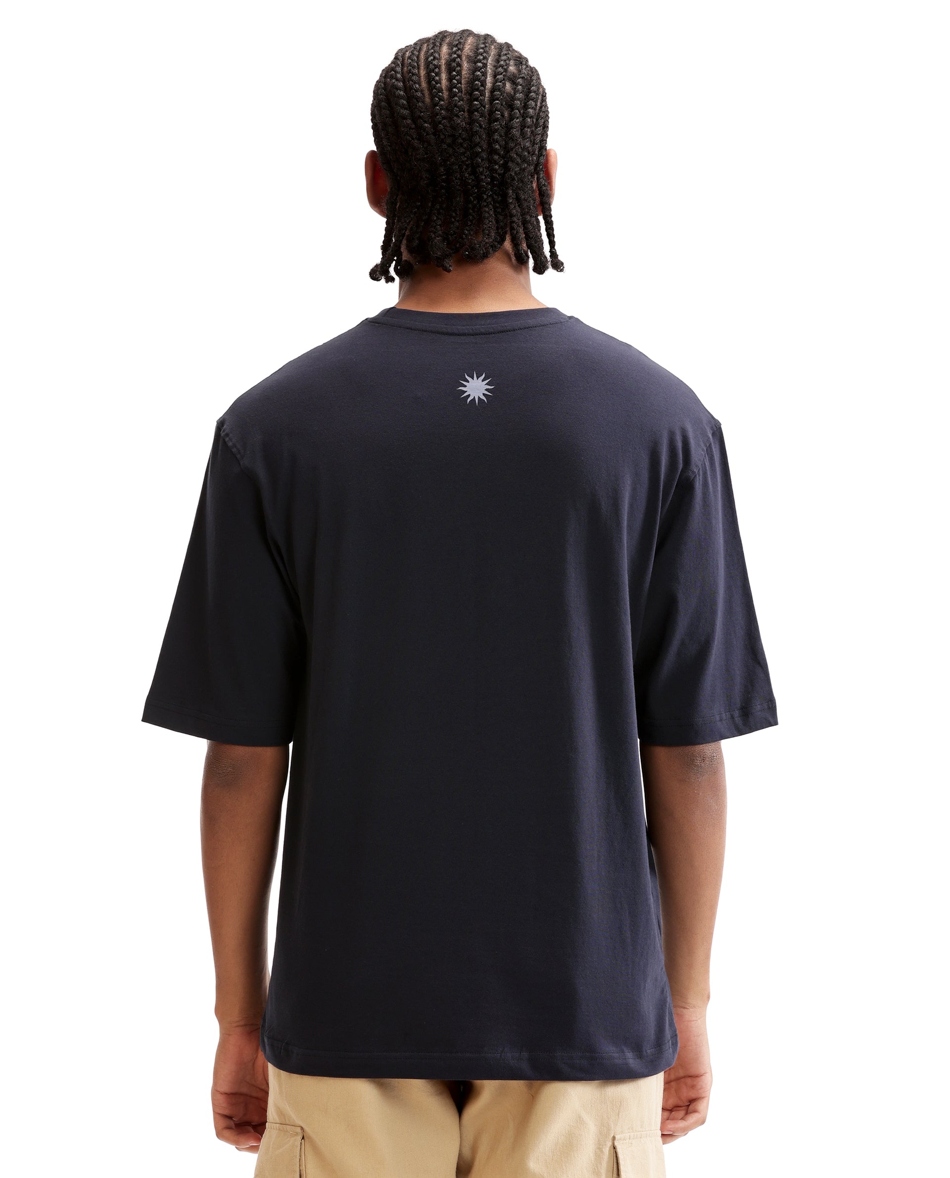 Midnight Navy Blue Single Jersey Crew Neck Oversized T-Shirt with Light Blue Print & Pure White 7C Embroidery